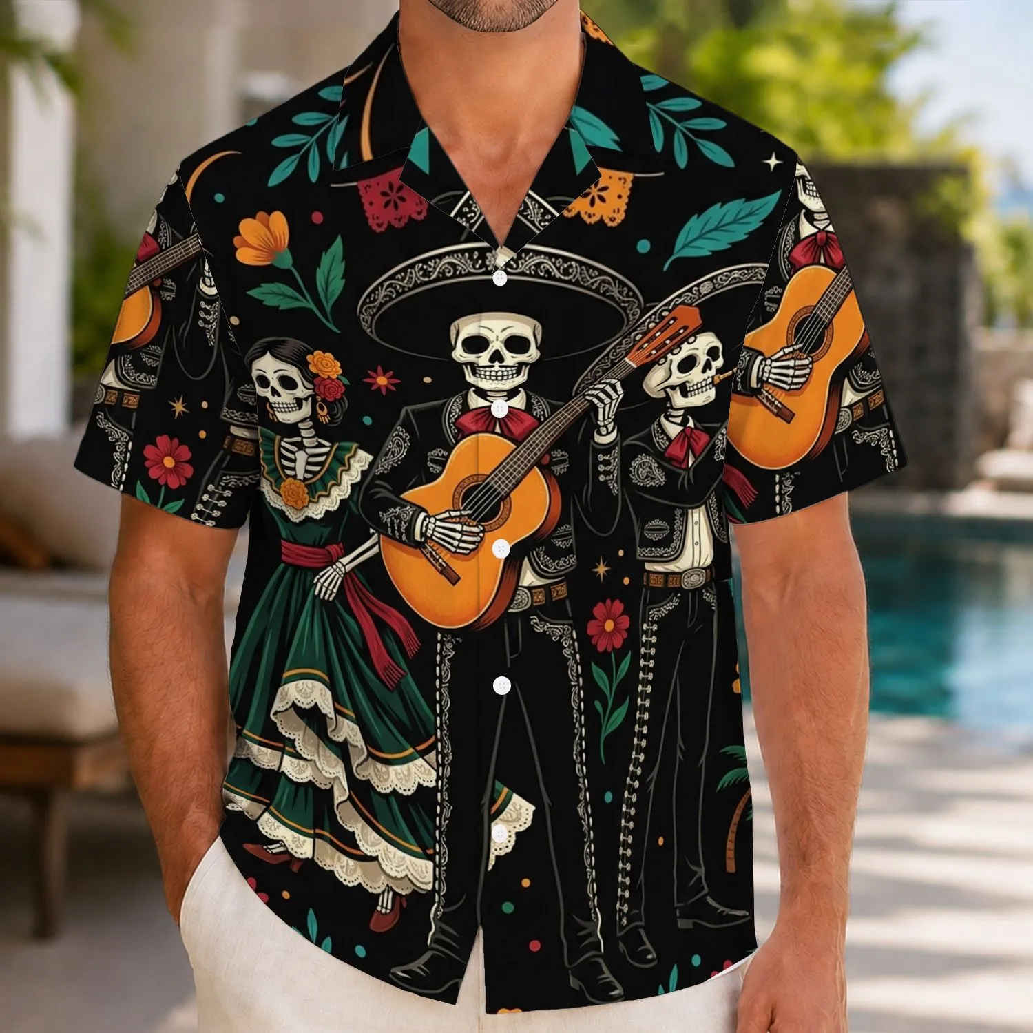 Mariachi Skeleton Trio Day of the Dead Fiesta Outfit for Music Lovers and Travelers Hawaiian Shirt - 1