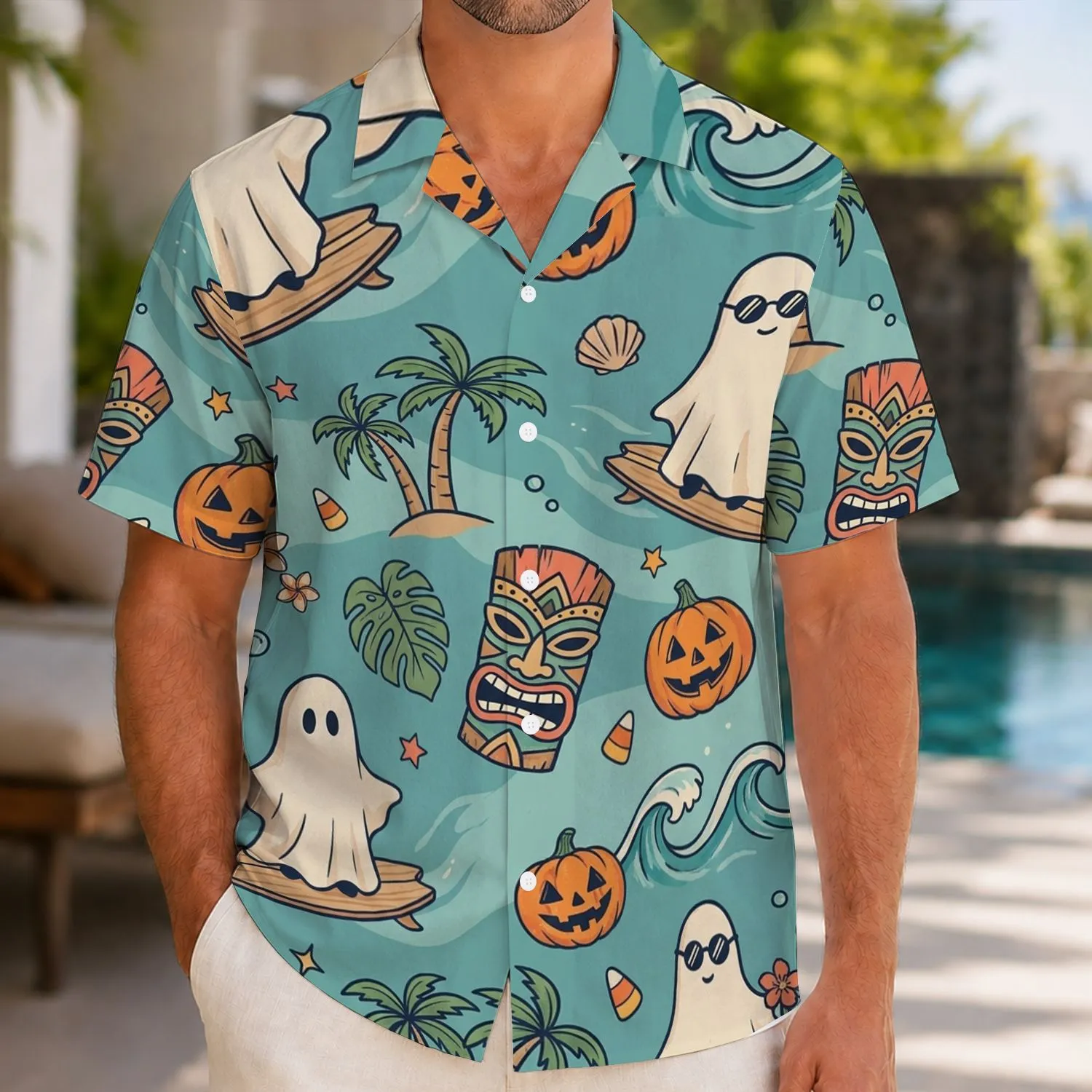 Ghost Surfing Pumpkin Beachwear for Halloween Vacations and Spooky Beach Parties, Men Hawaiian Shirt - 1