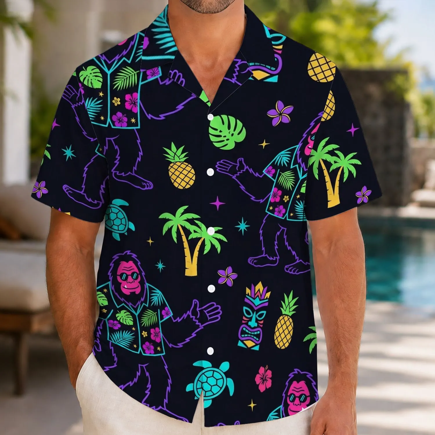 Fun Neon Sasquatch Tiki Jungle Party Outfit for Beach Vacations and Summer Getaways Hawaiian Shirt - 1