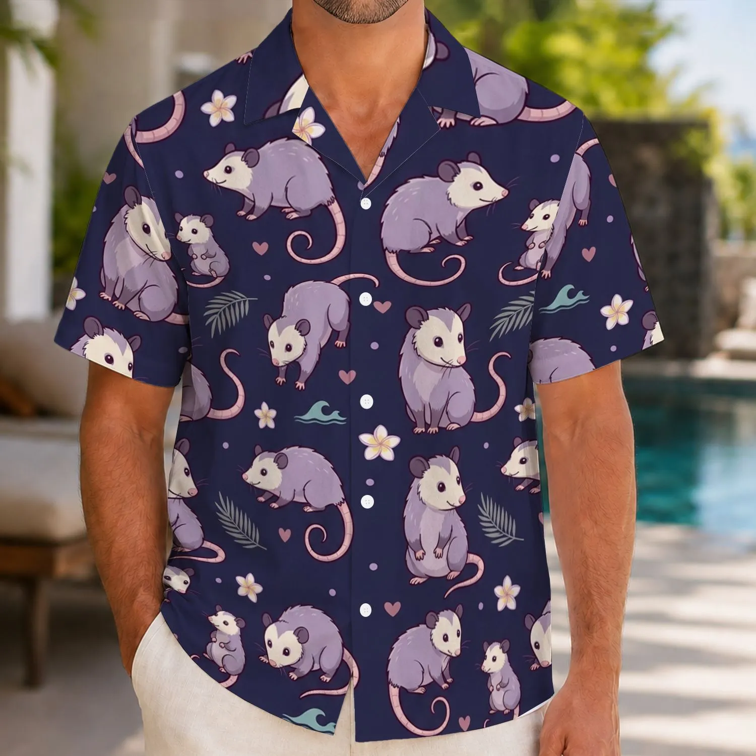 Cute Purple Opossums With Hearts for Tropical Vacations, Parties, and Rodent Lovers Hawaiian Shirt - 1