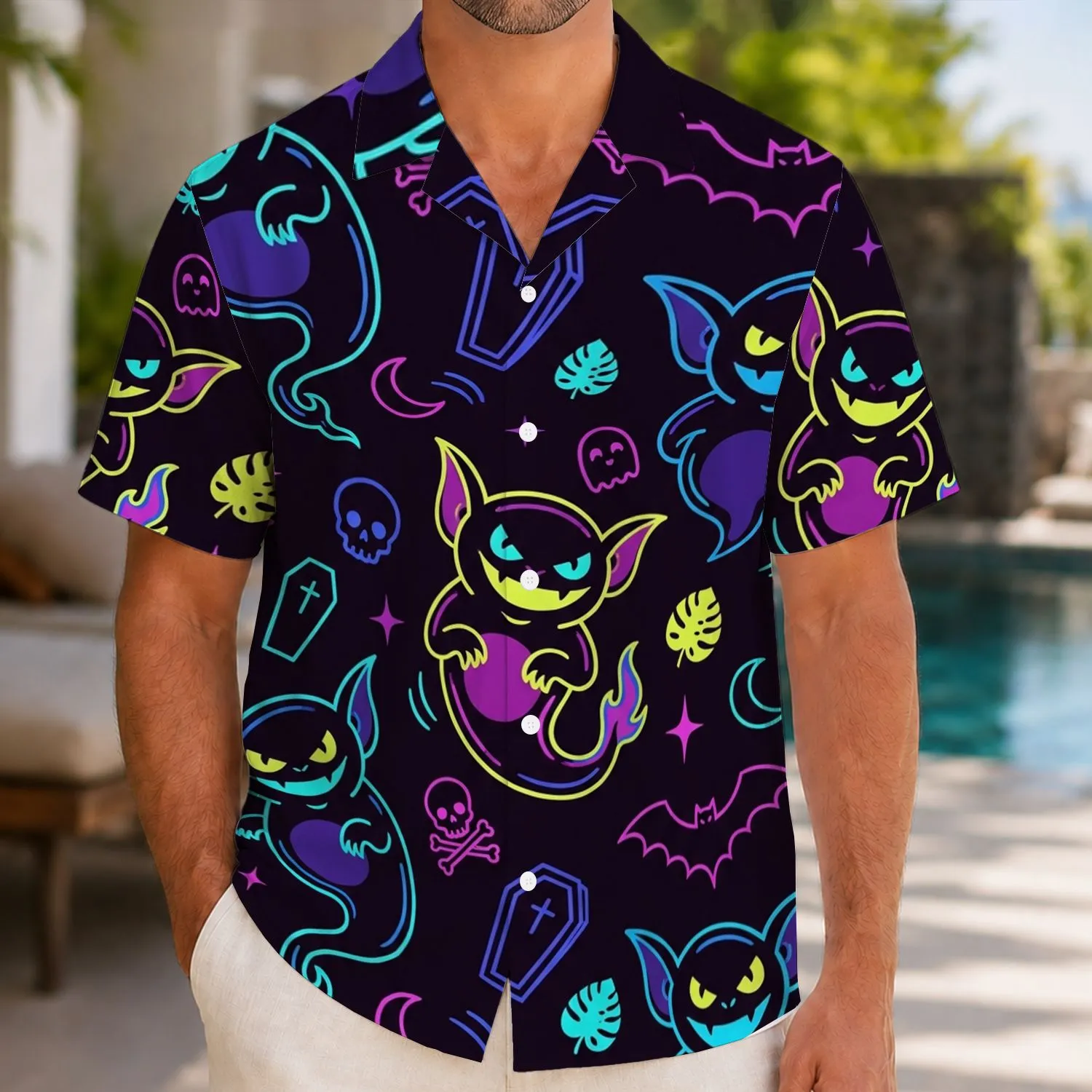 Neon Ghost Bat Skull Motifs For Spooky Summer Beachwear And Unisex Vacation Style Hawaiian Shirt - 1