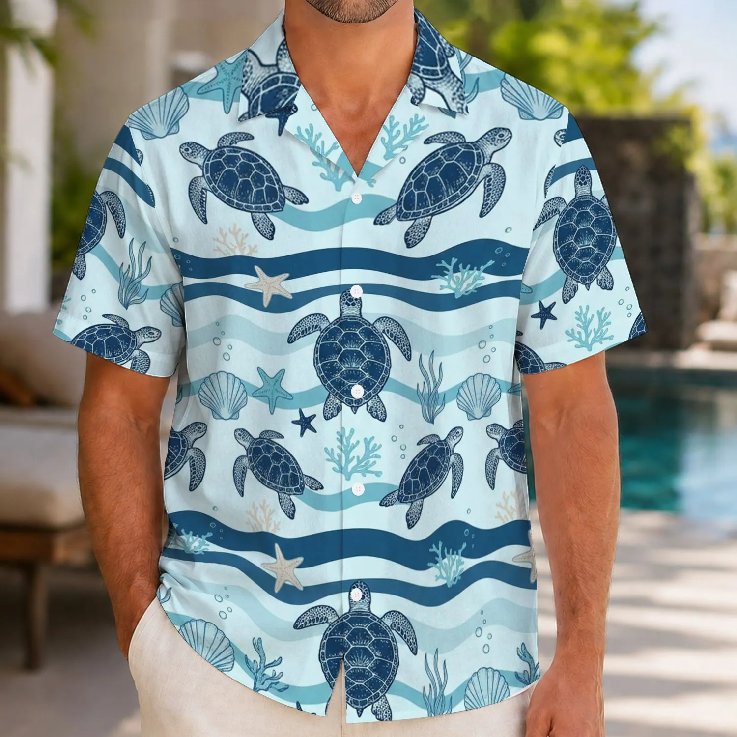 Sea Turtle Ocean Wave Starfish Coastal Motif for Beach Vacations and Cruise Getaways Hawaiian Shirt - 1