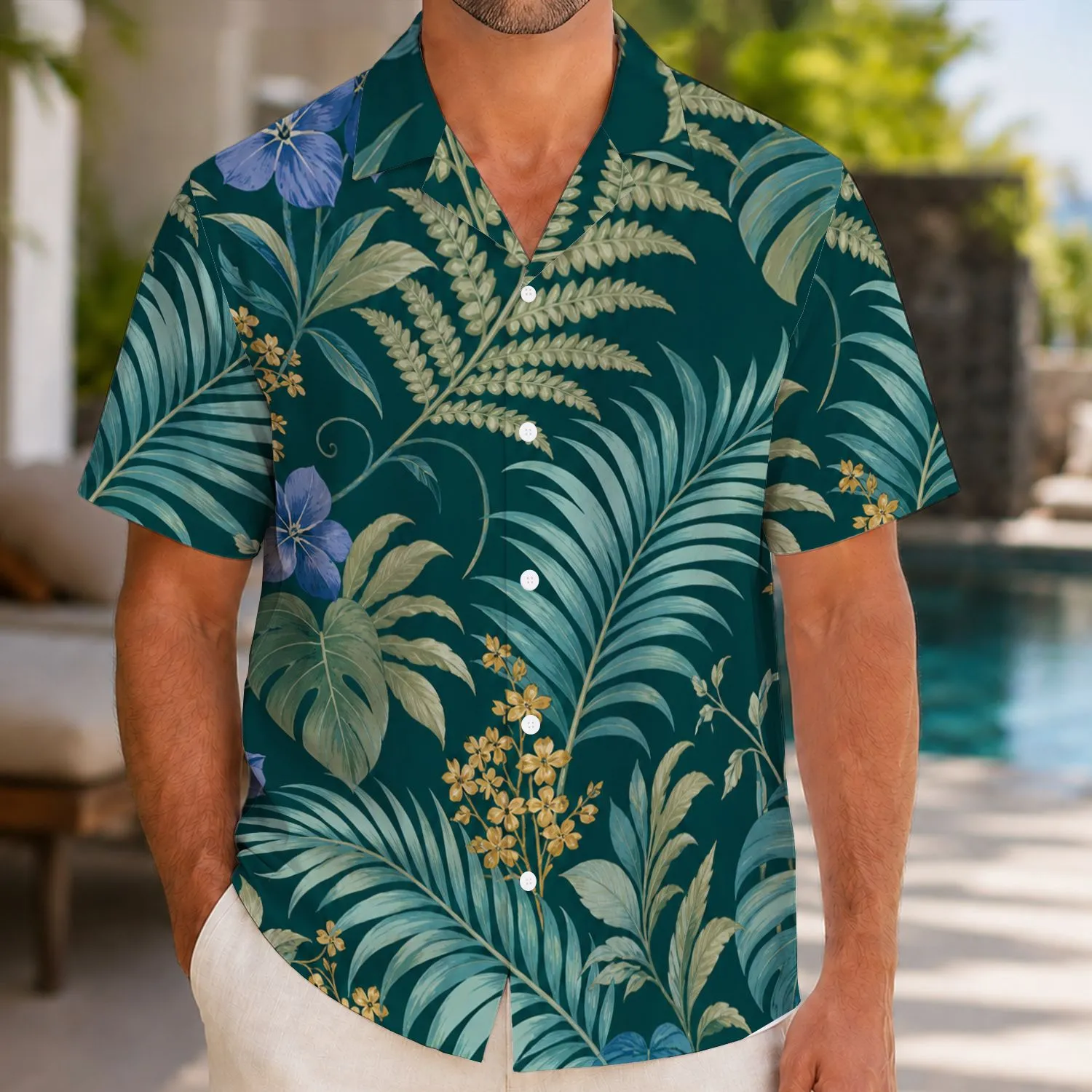 Forest Green Tropical Fern and Yellow Flower Vacation Style for Men and Island Travel Hawaiian Shirt - 1
