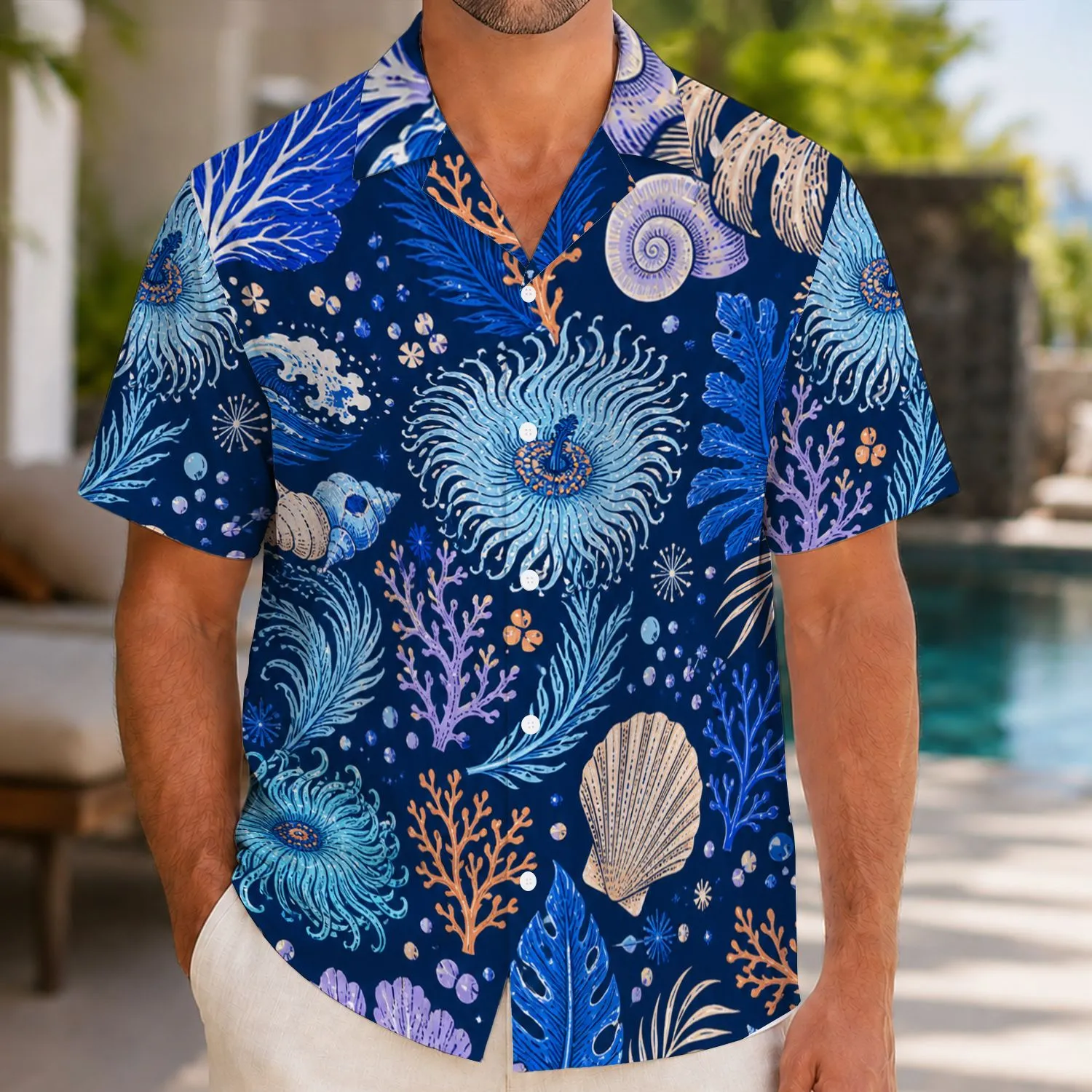 Blue Coral Ocean Botanical Motifs for Tropical Vacations and Coastal Resort Wear Hawaiian Shirt - 1