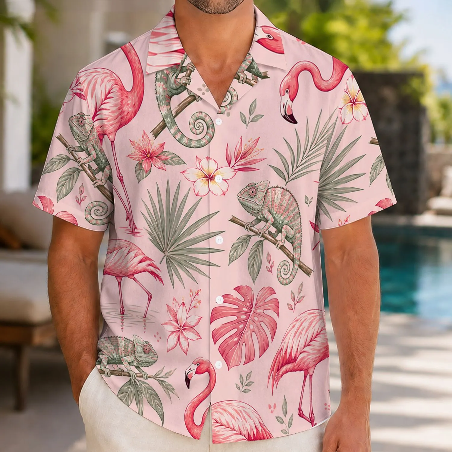 Pink Flamingo Chameleon Jungle Scene For Pool Days, Beach Trips, And Island Vacations Hawaiian Shirt - 1