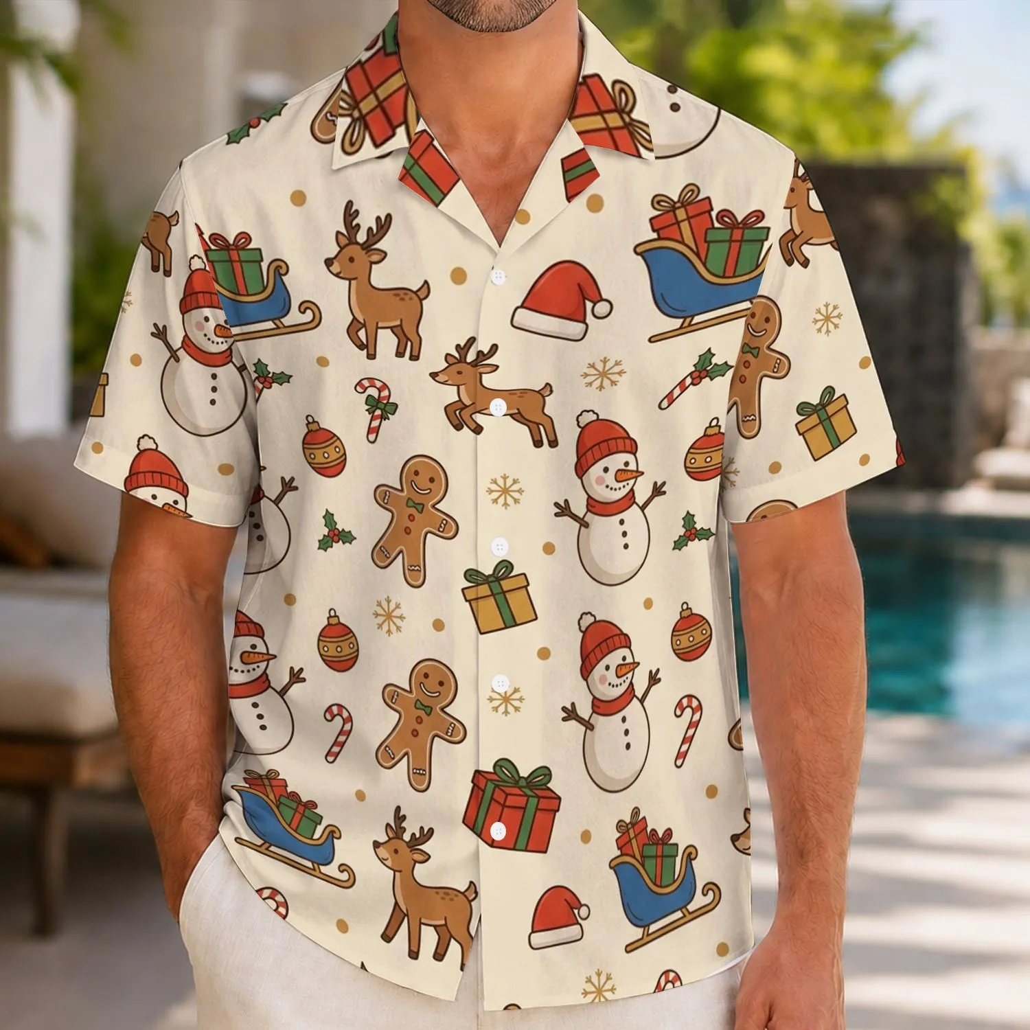 Santa Snowman Gingerbread Holiday Cheer for Tropical Winter Vacation and Island Getaways Hawaiian Shirt - 1