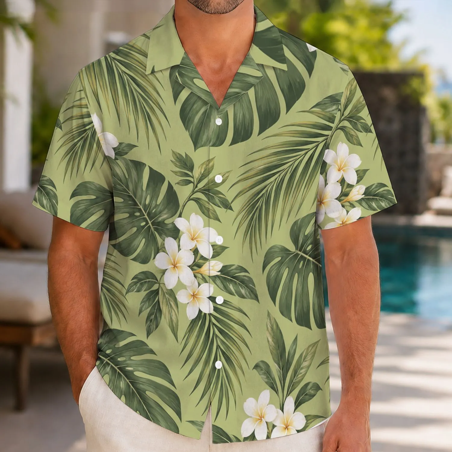 Sage Palm Leaves And White Plumeria For Relaxed Island Vacation Getaways And Beach Days Hawaiian Shirt - 1