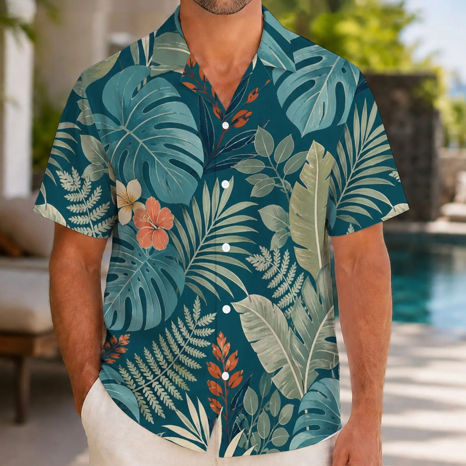 Teal Tropical Leaf Foliage for Resort Vacations and Island Getaways, Men’s Holiday Style Hawaiian Shirt - 1