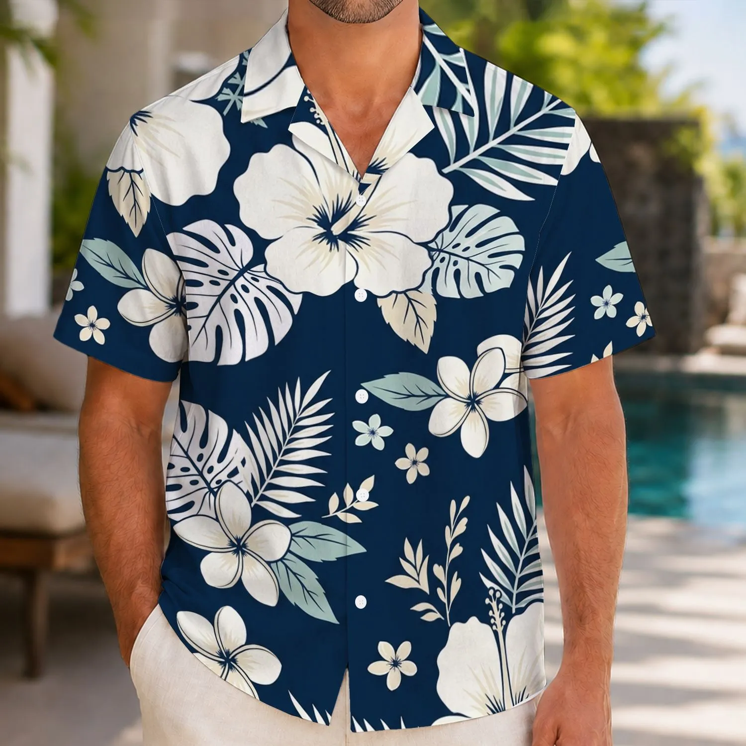 Navy Hibiscus and Tropical Foliage for Coastal Resort Getaways and Island Vacations Hawaiian Shirt - 1