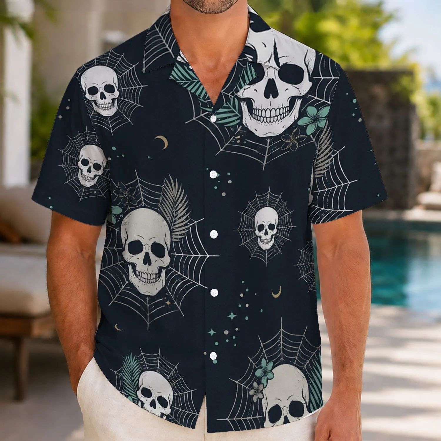 Gothic Skull Web Motifs for Dark Beach Nights and Alternative Holiday Gatherings Hawaiian Shirt - 1