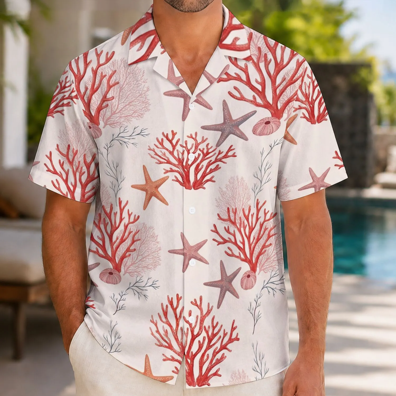 Red Coral Starfish Coastal Escape For Men’s Summer Beach Getaways And Island Vacations Hawaiian Shirt - 1