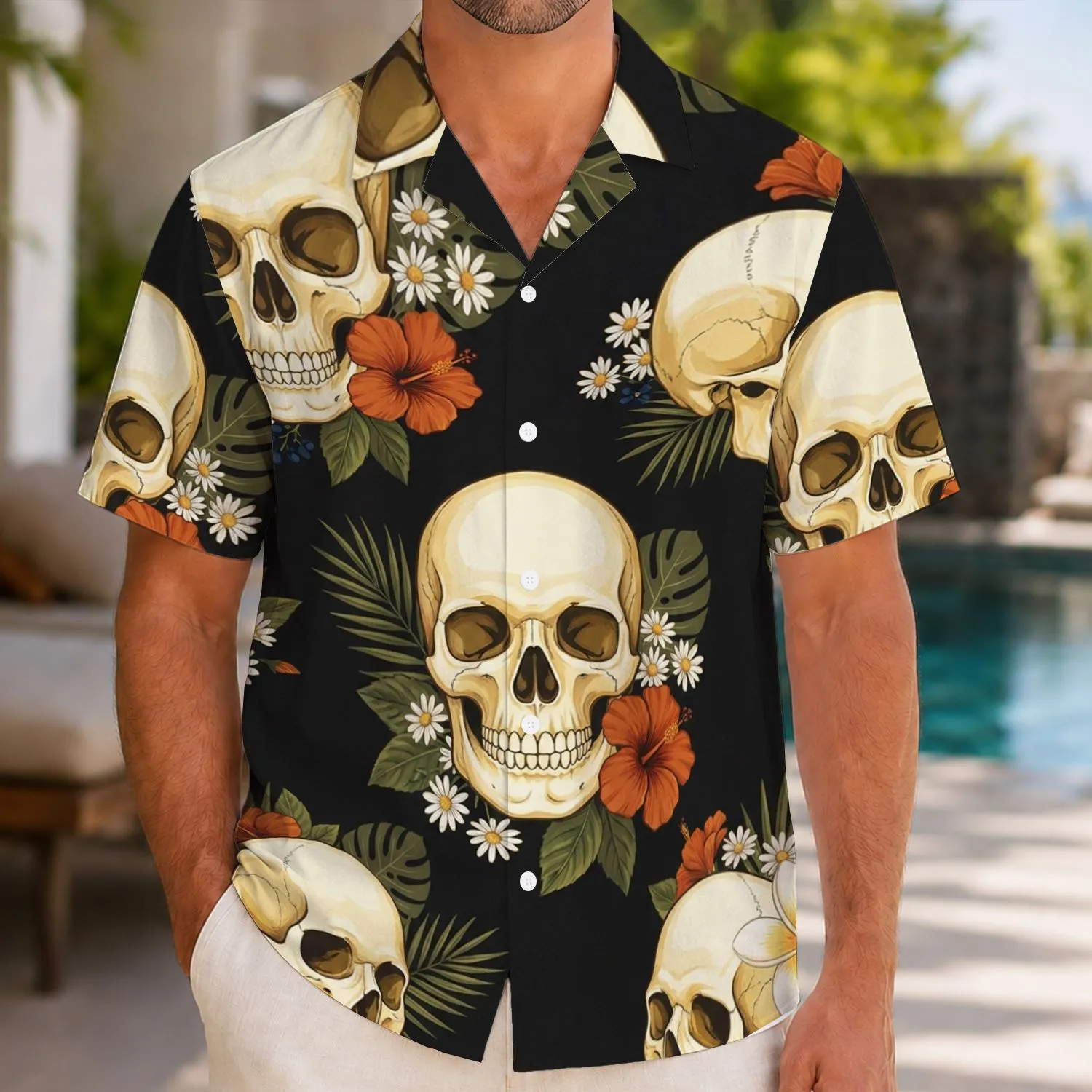 Skull Floral Aloha Motif for Tropical Vacations and Bold Gothic Summer Style Lovers Hawaiian Shirt - 1