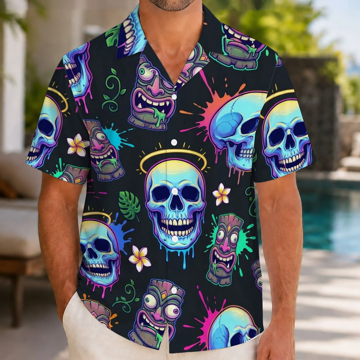 Neon Dripping Skull Tropical Party Look for Halloween Nights, Festivals, and Vacations Hawaiian Shirt - 1