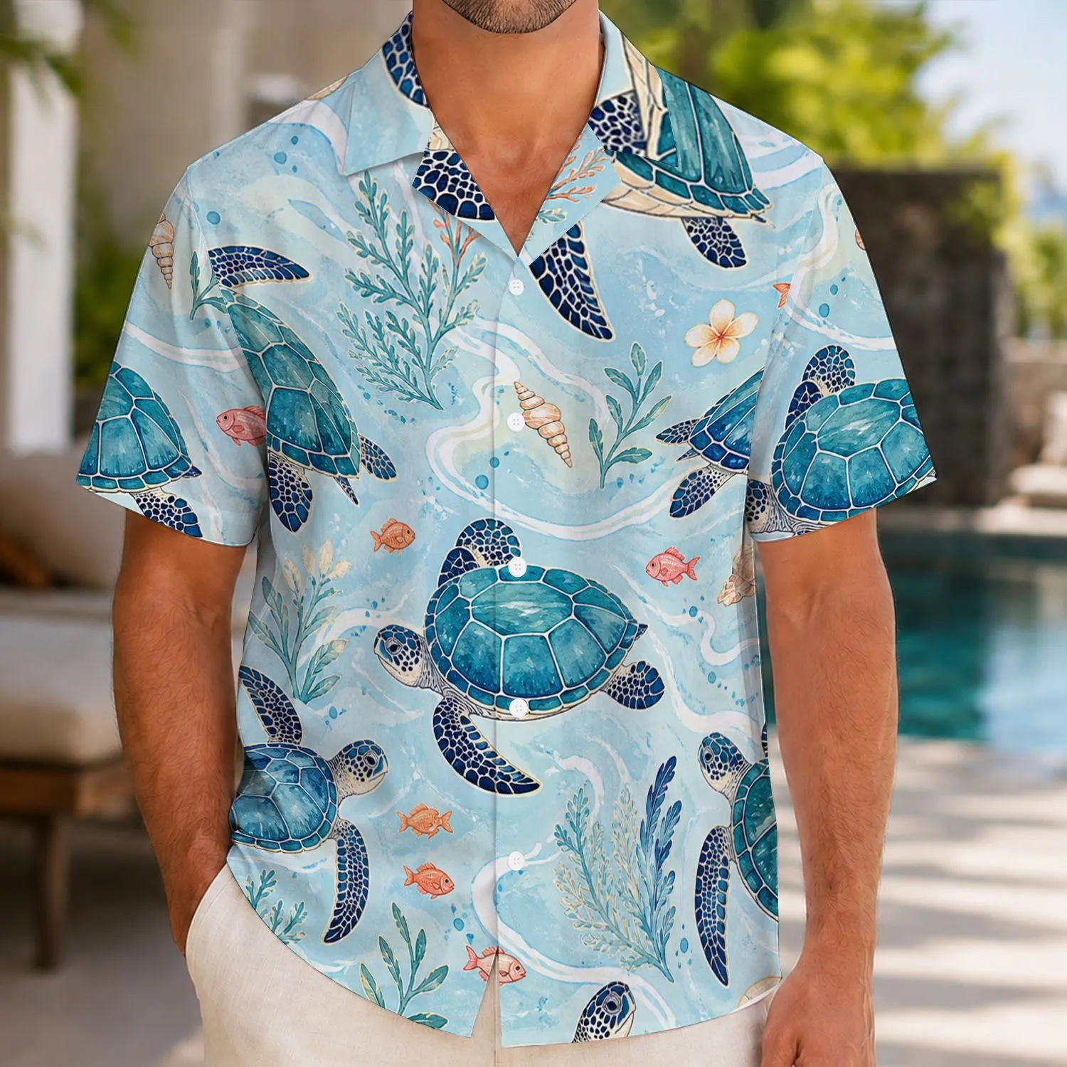 Blue Sea Turtle Ocean Scene For Coastal Vacations, Beach Trips, And Island Style Hawaiian Shirt - 1