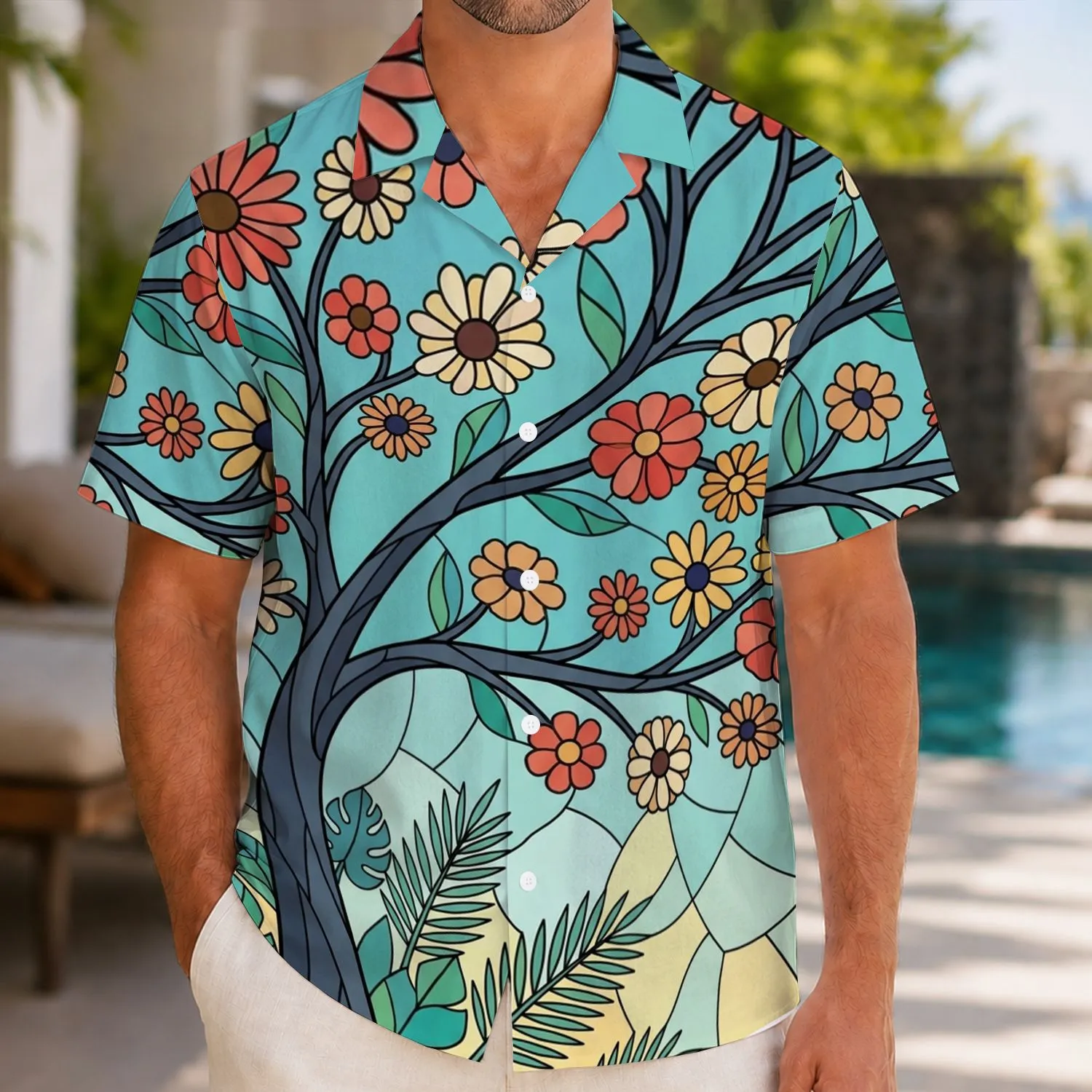 Stained Glass Flower Tree Sunlit Garden Scene For Island Vacations And Resort Days Hawaiian Shirt - 1