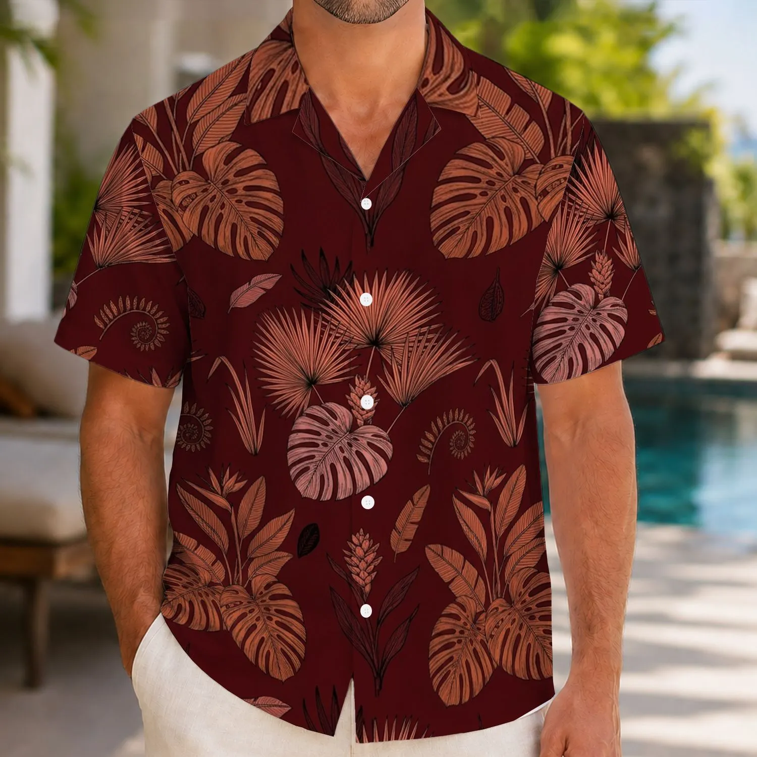 Oxblood Tropical Foliage for Island Getaways, Cruises, and Evening Resort Style Wear Hawaiian Shirt - 1
