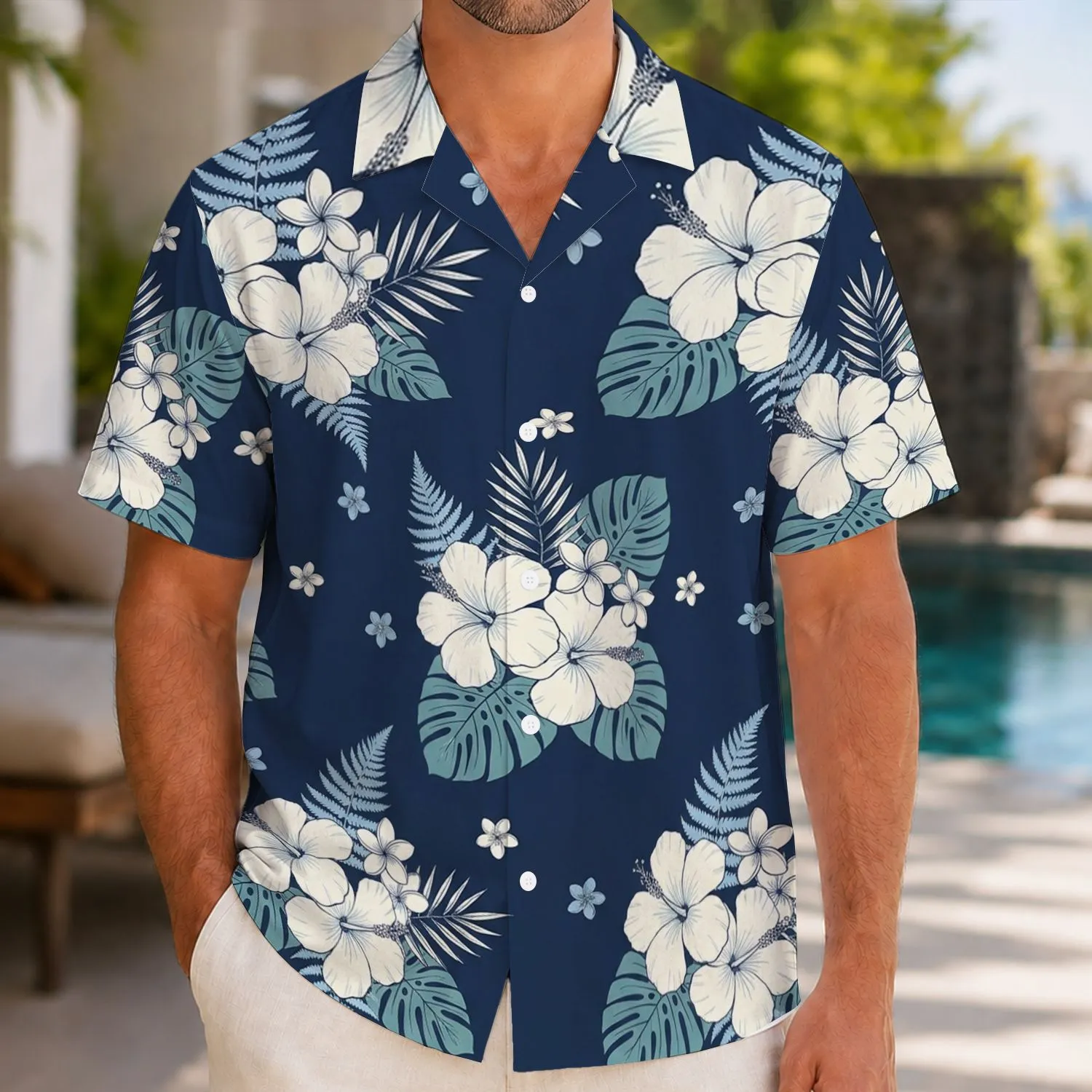 Navy Hibiscus Monstera Floral for Island Vacations, Resort Days, and Beach Escapes Hawaiian Shirt - 1