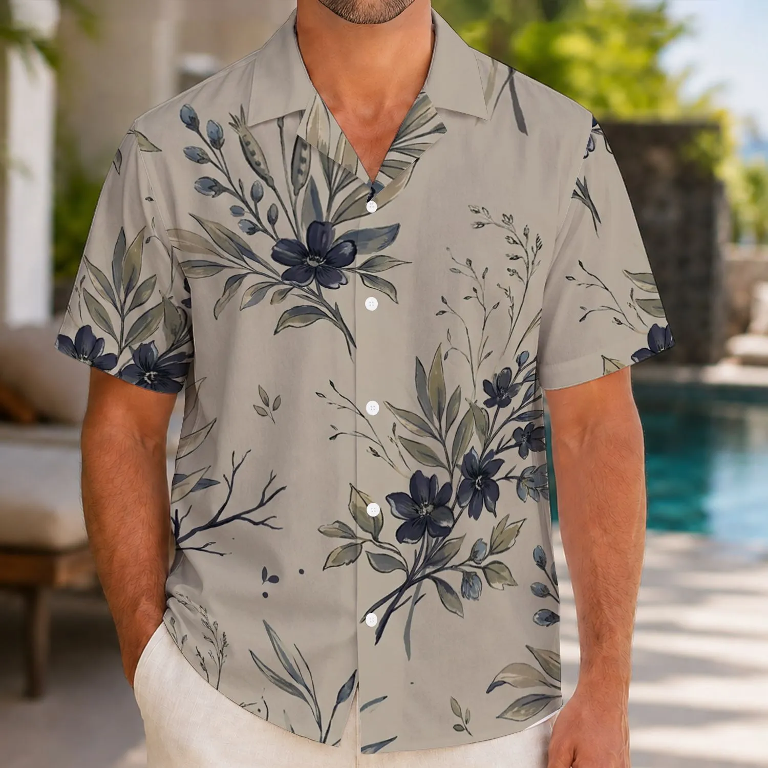 Taupe Botanical Branches And Indigo Foliage For Resort Evenings And Coastal Getaways Hawaiian Shirt - 1