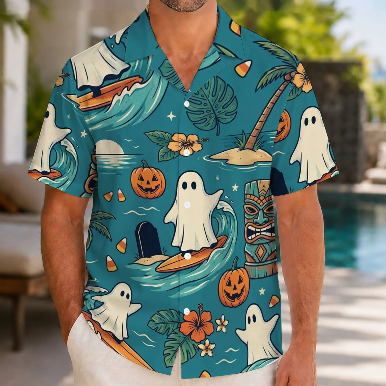 Ghost Surfing Pumpkin Beach Scene For Halloween Vacations And Spooky Island Getaways Hawaiian Shirt - 1