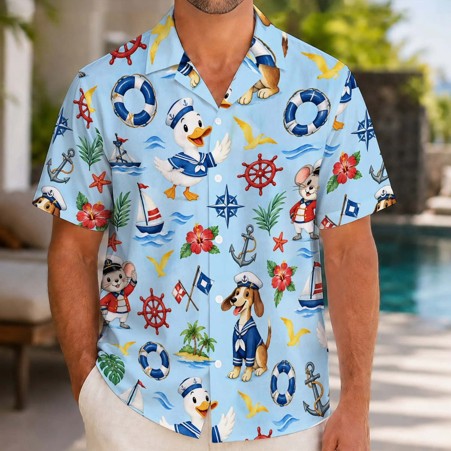 Watercolor Nautical Animal Motifs For Family Cruise Getaways And Sunny Seaside Holidays Hawaiian Shirt - 1