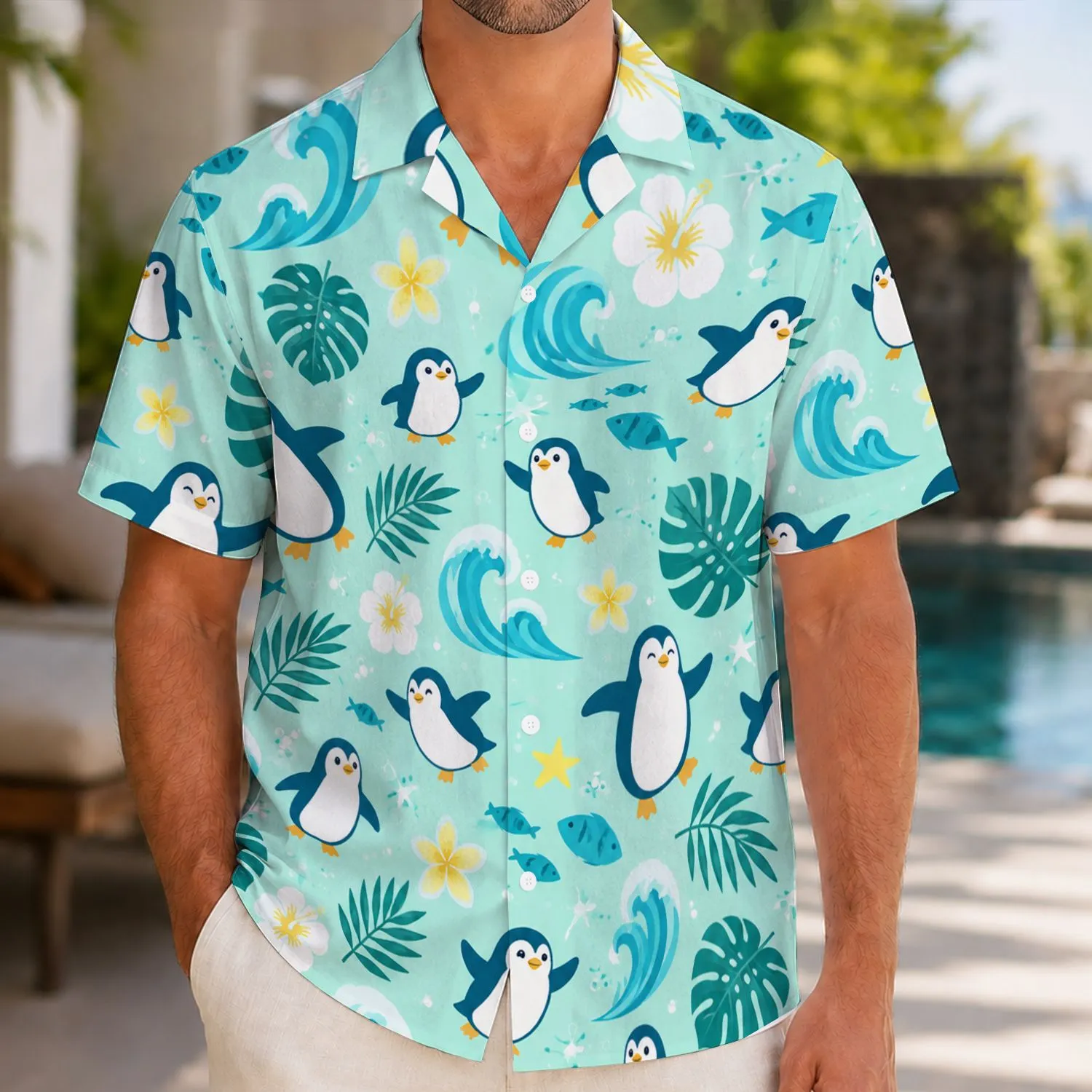 Cute Blue Penguin and Ocean Motifs for Sunny Beach Days, Island Trips and Summer Getaways Hawaiian Shirt - 1