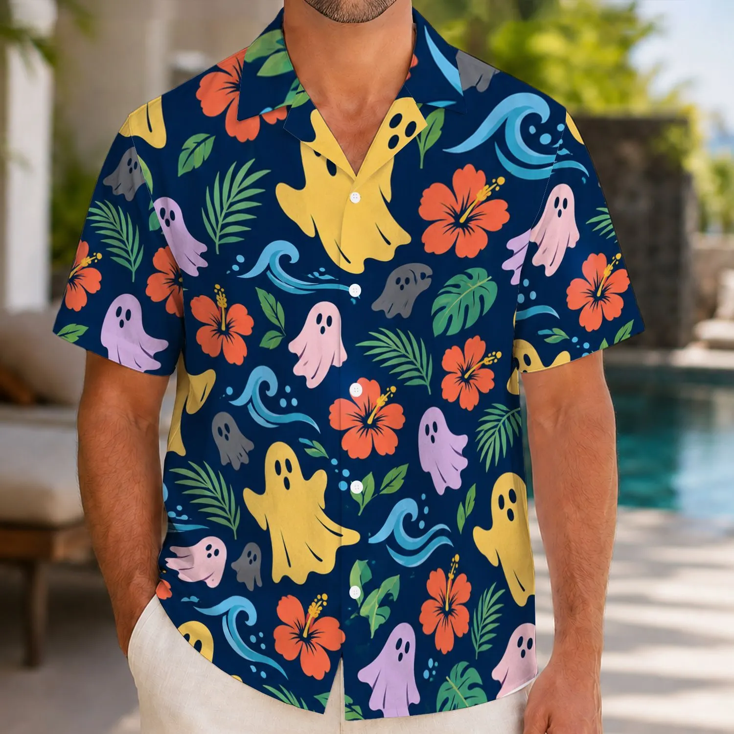 Cute Spooky Ghosts And Tropical Blooms For Halloween Beach Getaways, Gifts For All Hawaiian Shirt - 1