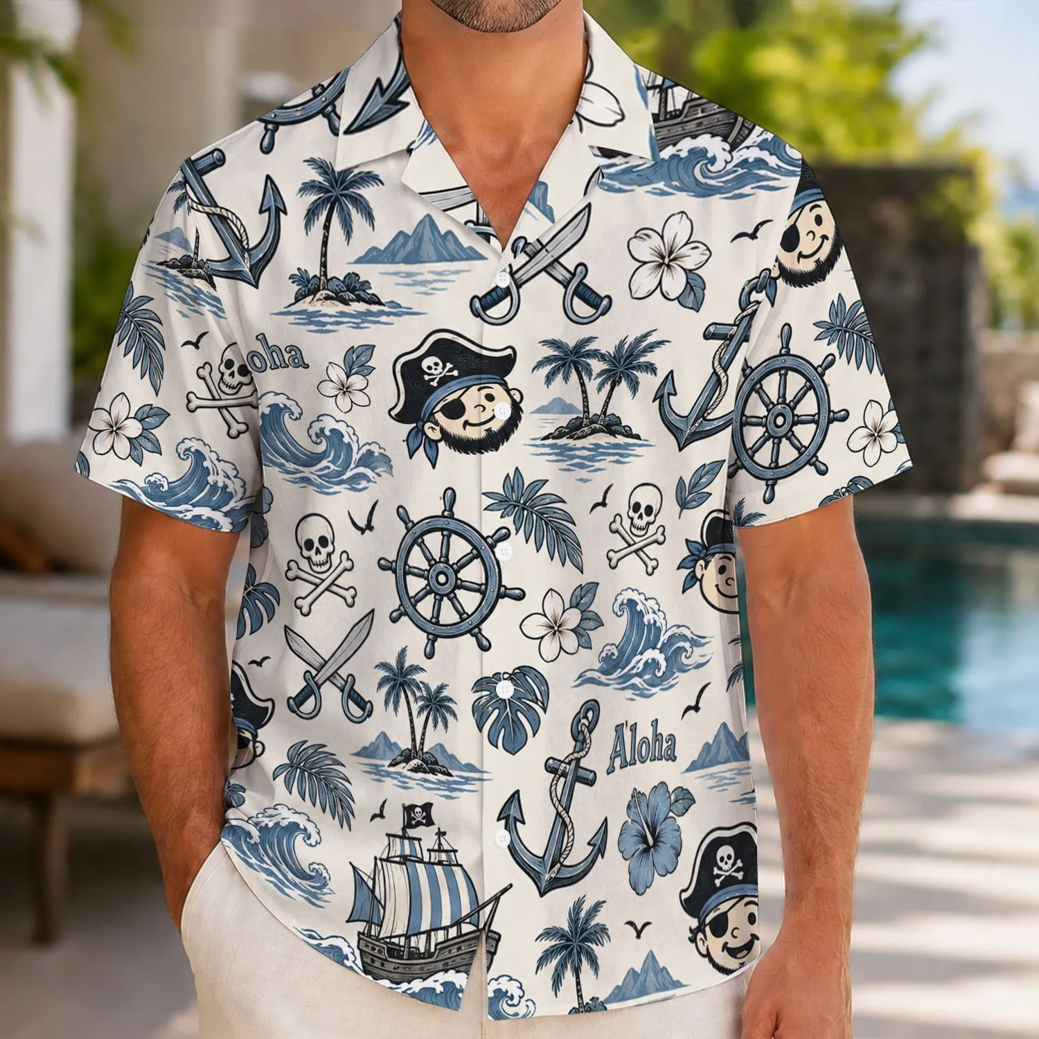 Playful Pirate Skulls, Ships And Tropical Waves For Sunny Cruise Holiday Adventures Hawaiian Shirt - 1