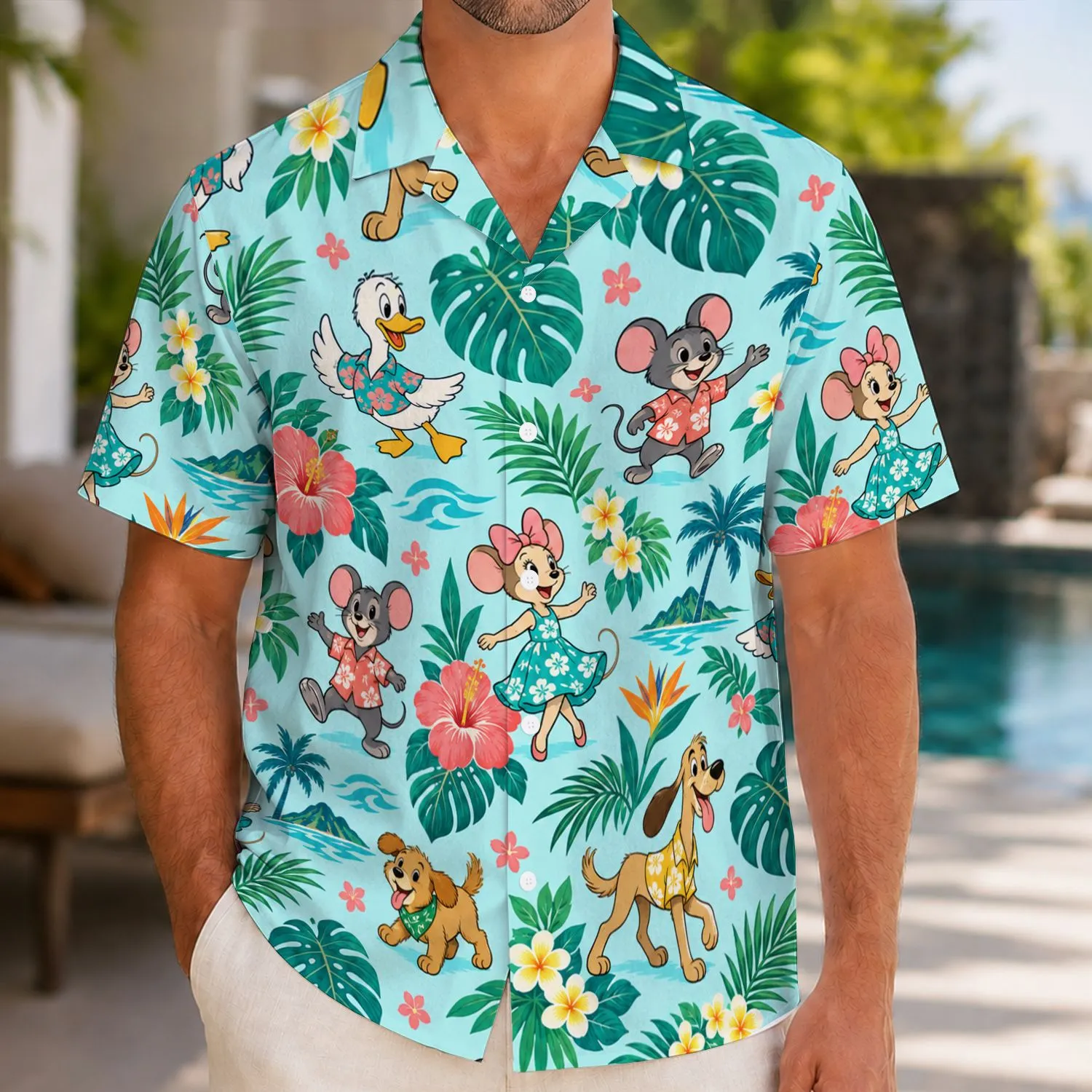 Five Cartoon Animal Friends Celebrate a Tropical Beach Vacation for Summer Getaways Hawaiian Shirt - 1