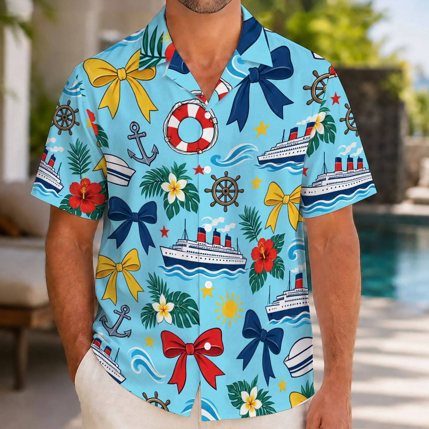 Nautical Bows and Ocean Liner Icons for a Cheerful Family Cruise Vacation at Sea Hawaiian Shirt - 1