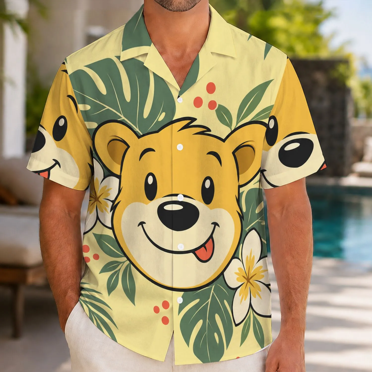 Smiling Golden Bear Face for Theme Park Vacations and Sunny Couple Getaways Together Hawaiian Shirt - 1