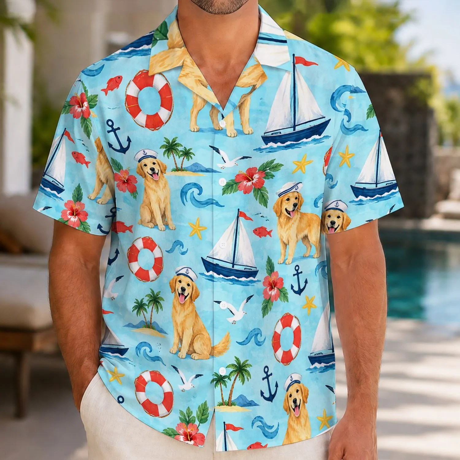 Nautical Sailboats And Cheerful Dogs For Sunny Coastal Getaways And Beach Days Hawaiian Shirt - 1