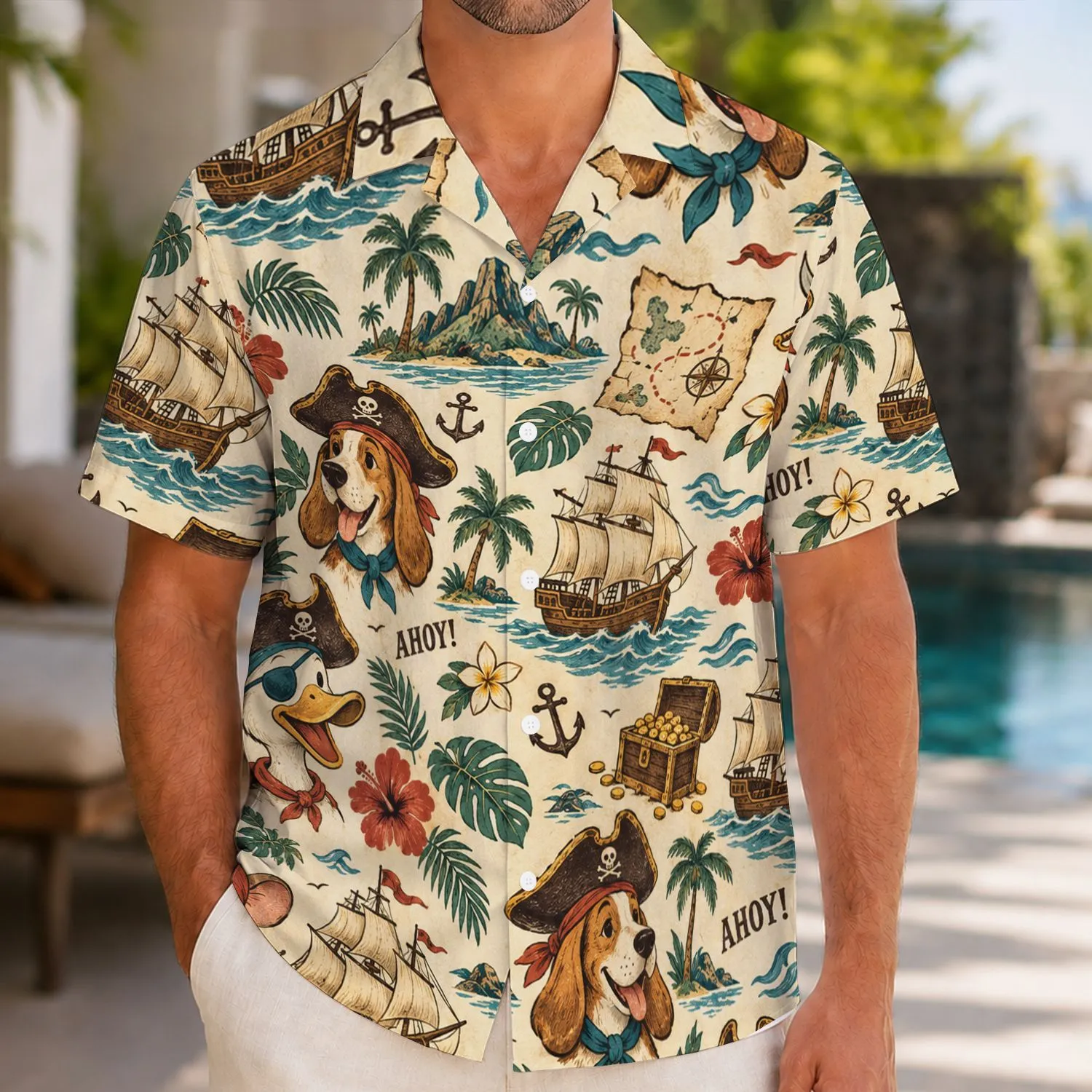 Pirate Animal Crew And Treasure Maps For Sunny Island Getaways With Friends Hawaiian Shirt - 1