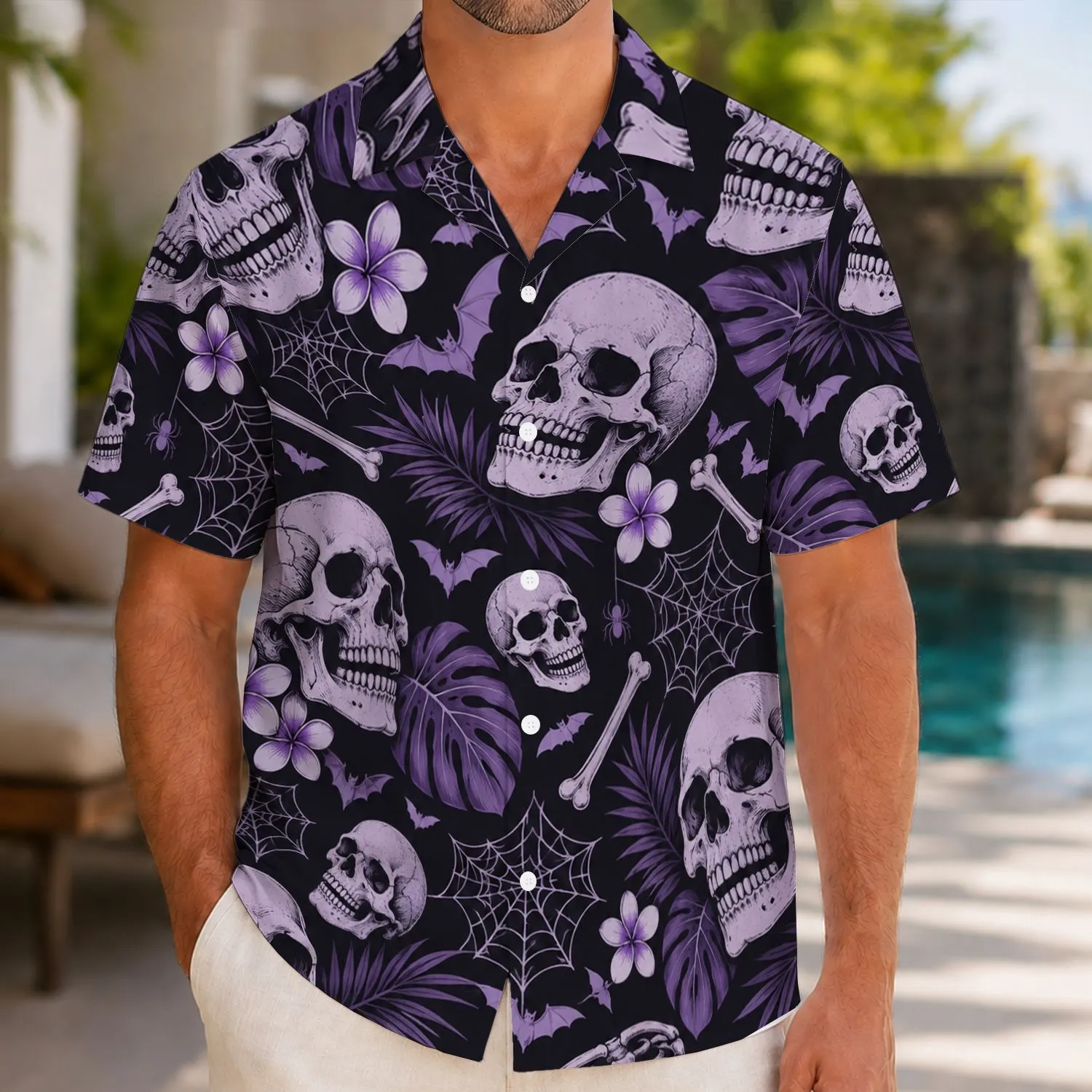 Grinning Skeleton and Gothic Webs for Spooky Halloween Nights and Eerie Getaways Hawaiian Shirt - 1