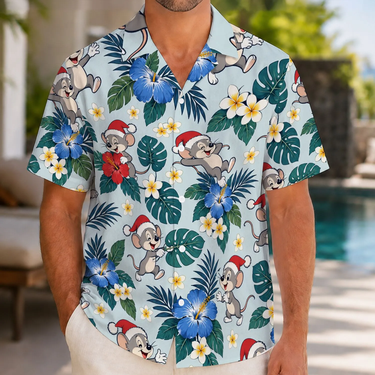 Cheerful Holiday Mouse and Blue Tropical Blooms for Festive Island Getaways Hawaiian Shirt - 1