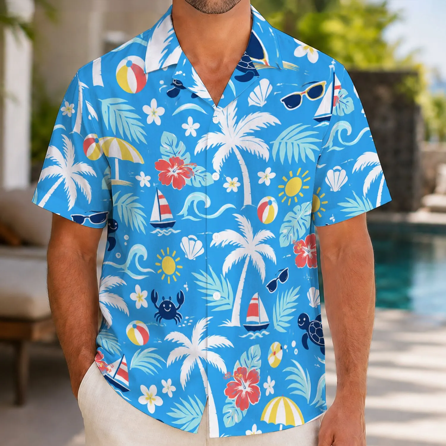 Tropical Palm Trees and Beach Icons for Sunny Family Island Vacation Adventures Hawaiian Shirt - 1