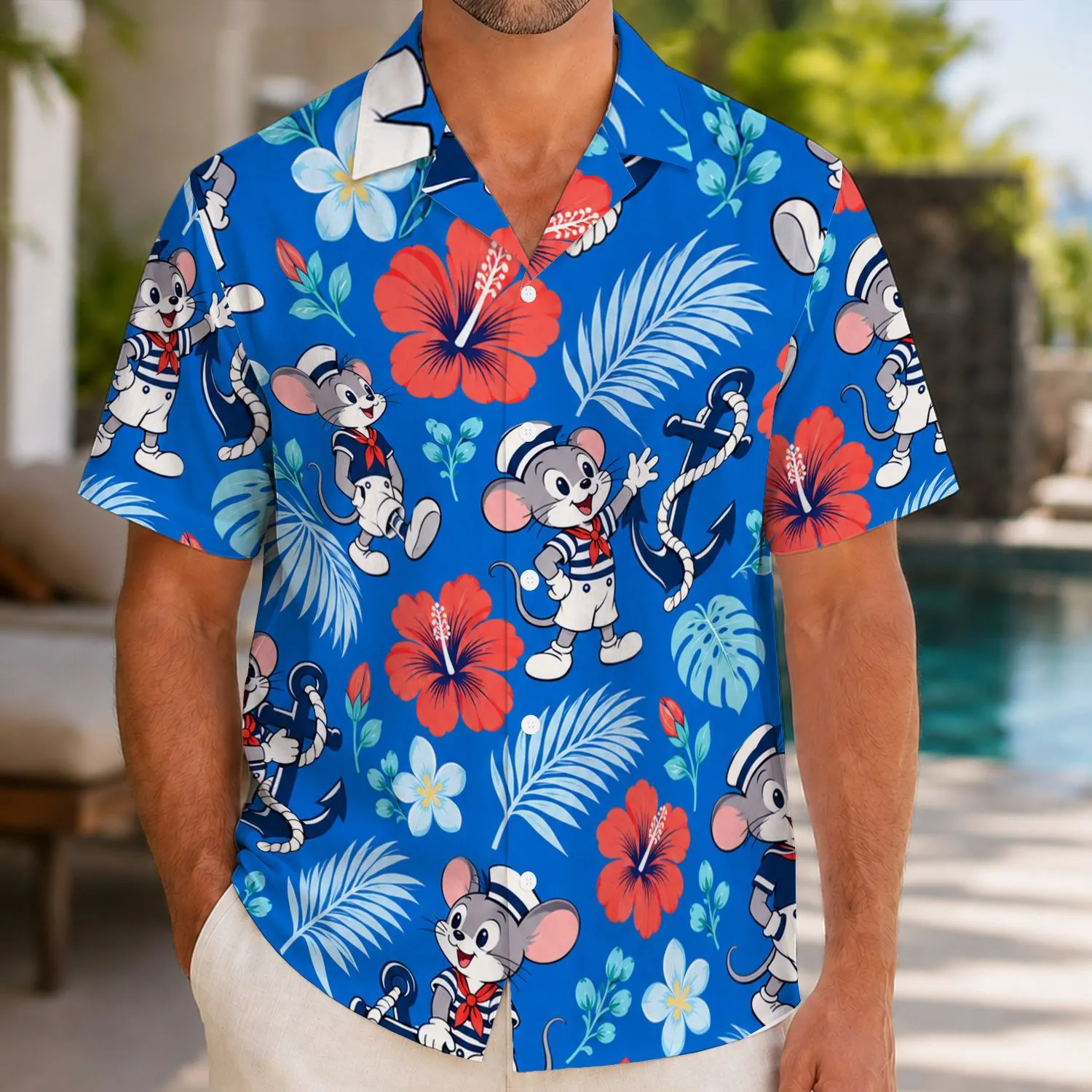 Nautical Mouse Duo with Tropical Flowers for Sunny Island Cruises and Family Getaways Hawaiian Shirt - 1