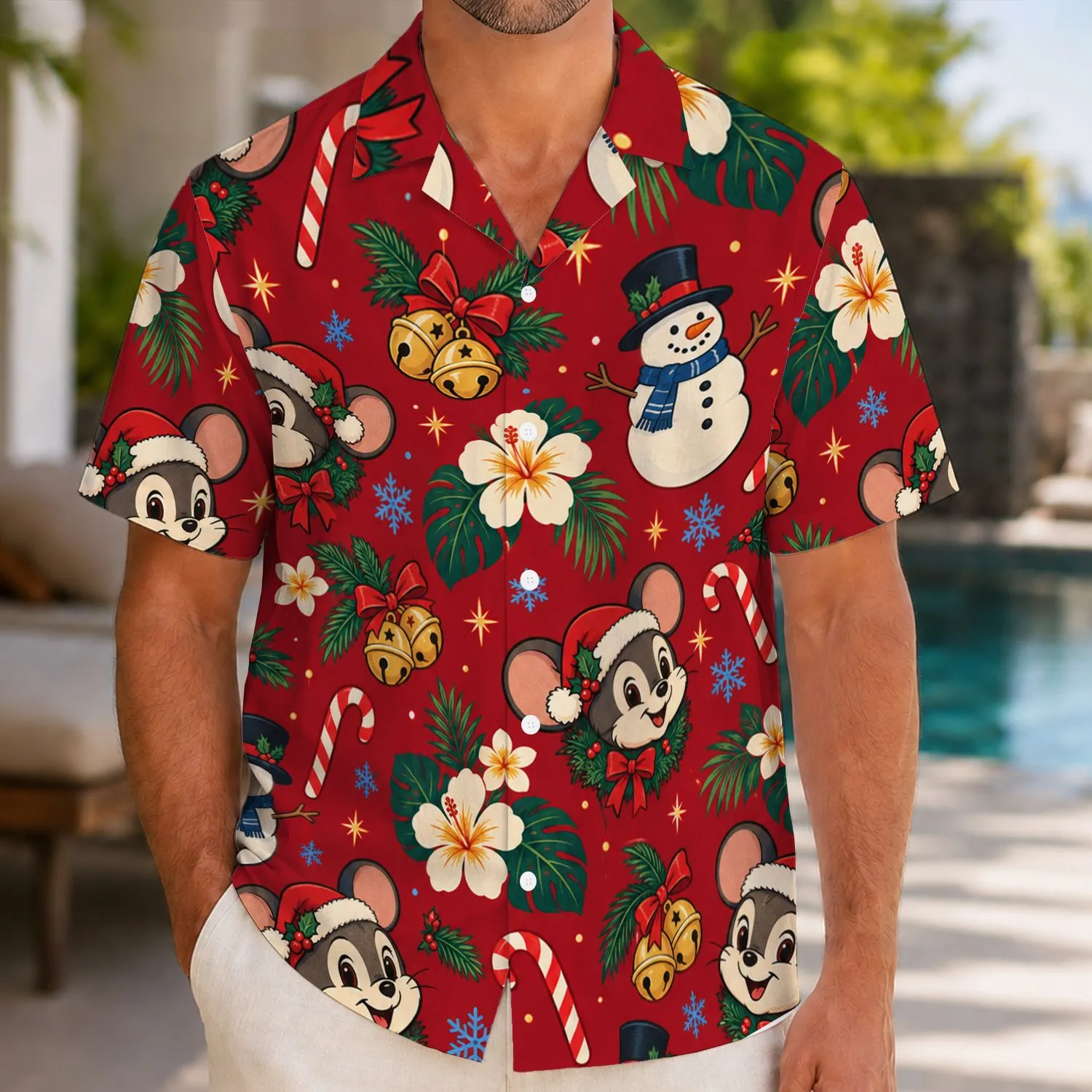 Festive Mouse And Snowman Holiday Cheer For Tropical Christmas Celebrations By The Sea Hawaiian Shirt - 1