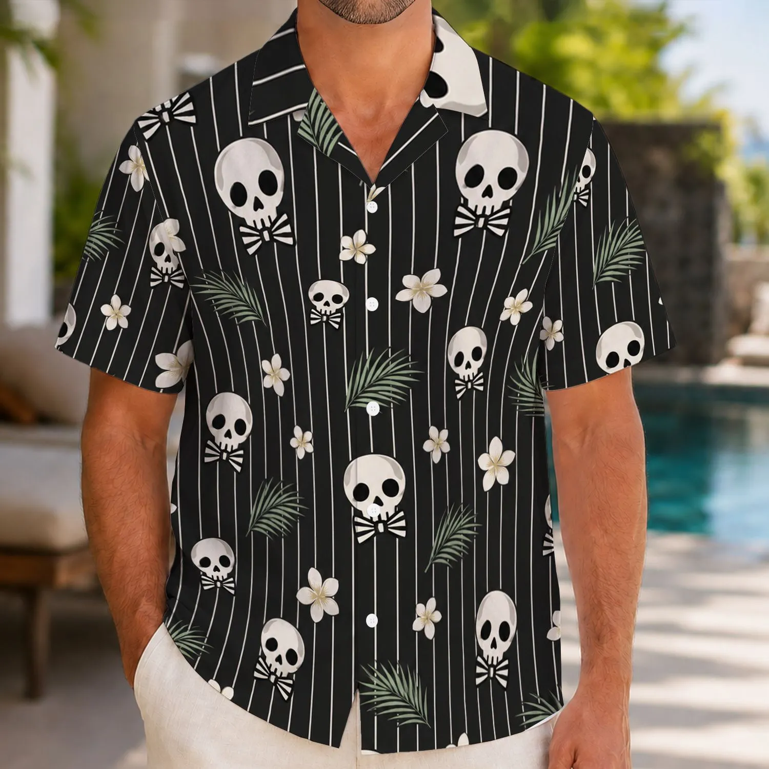 Skeletal Bowtie Pinstripes for Halloween Parties and Spooky Island Getaways All Season Hawaiian Shirt - 1