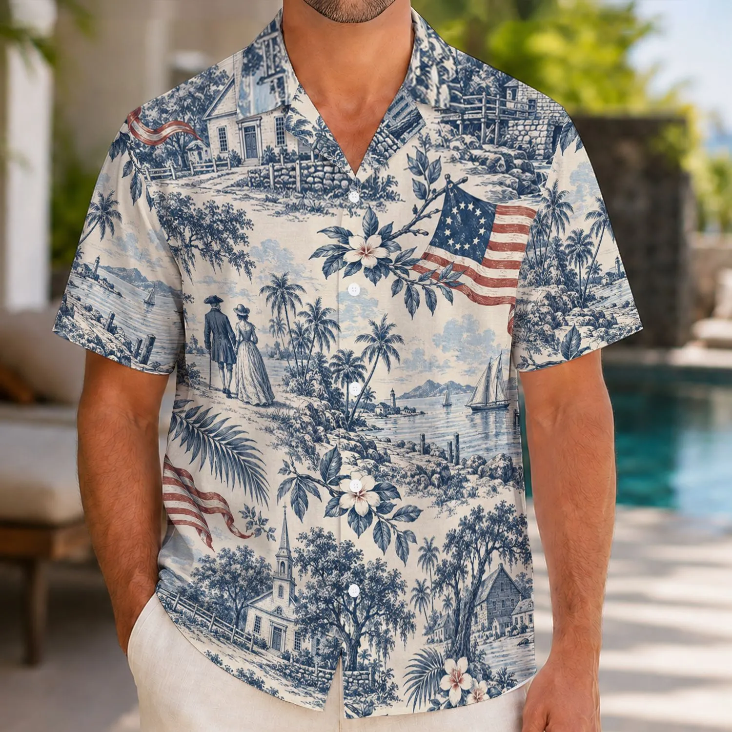 Blue Toile American Flag Landscapes for Patriotic Summer Gatherings and Coastal Getaways Hawaiian Shirt - 1