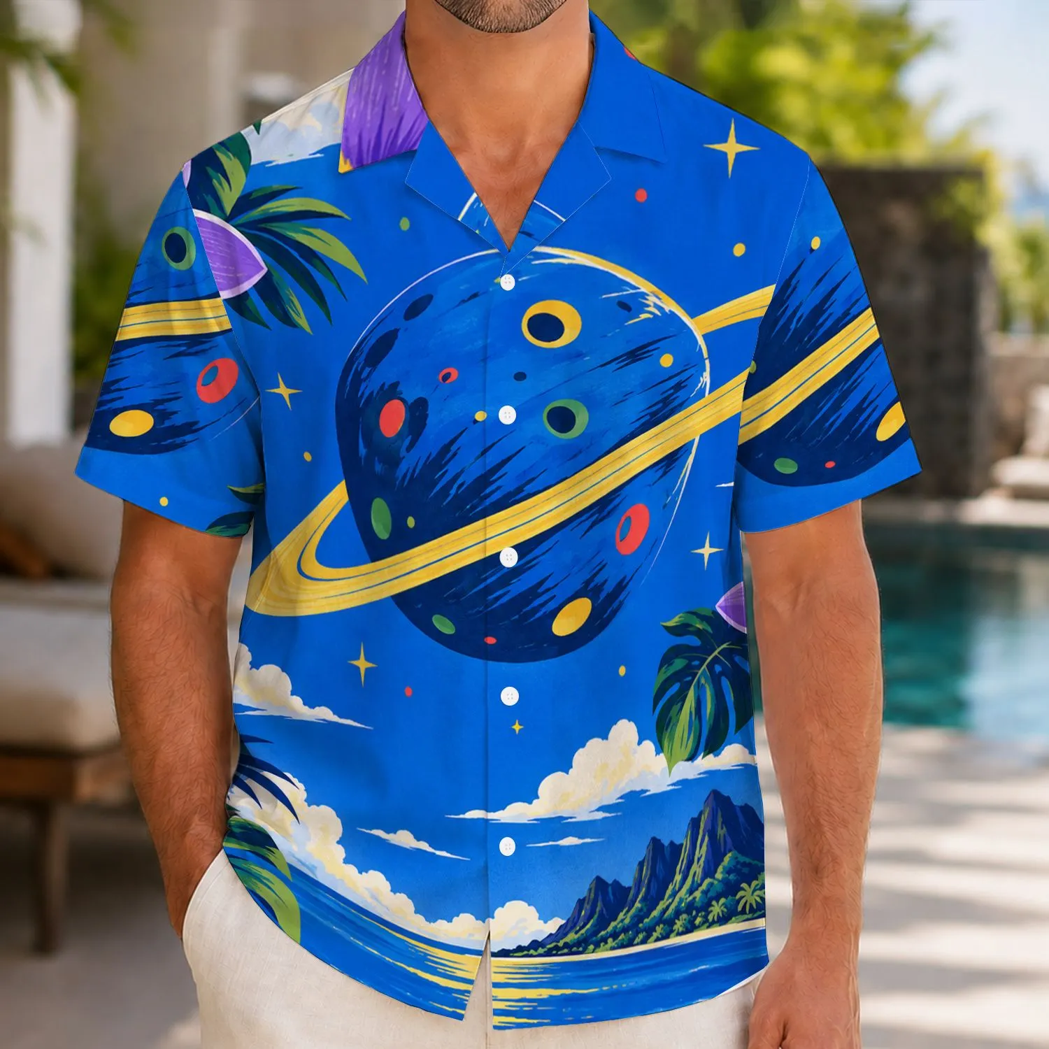 Whimsical Ringed Planet With Colorful Stars For Playful Space-Themed Vacation Days Hawaiian Shirt - 1
