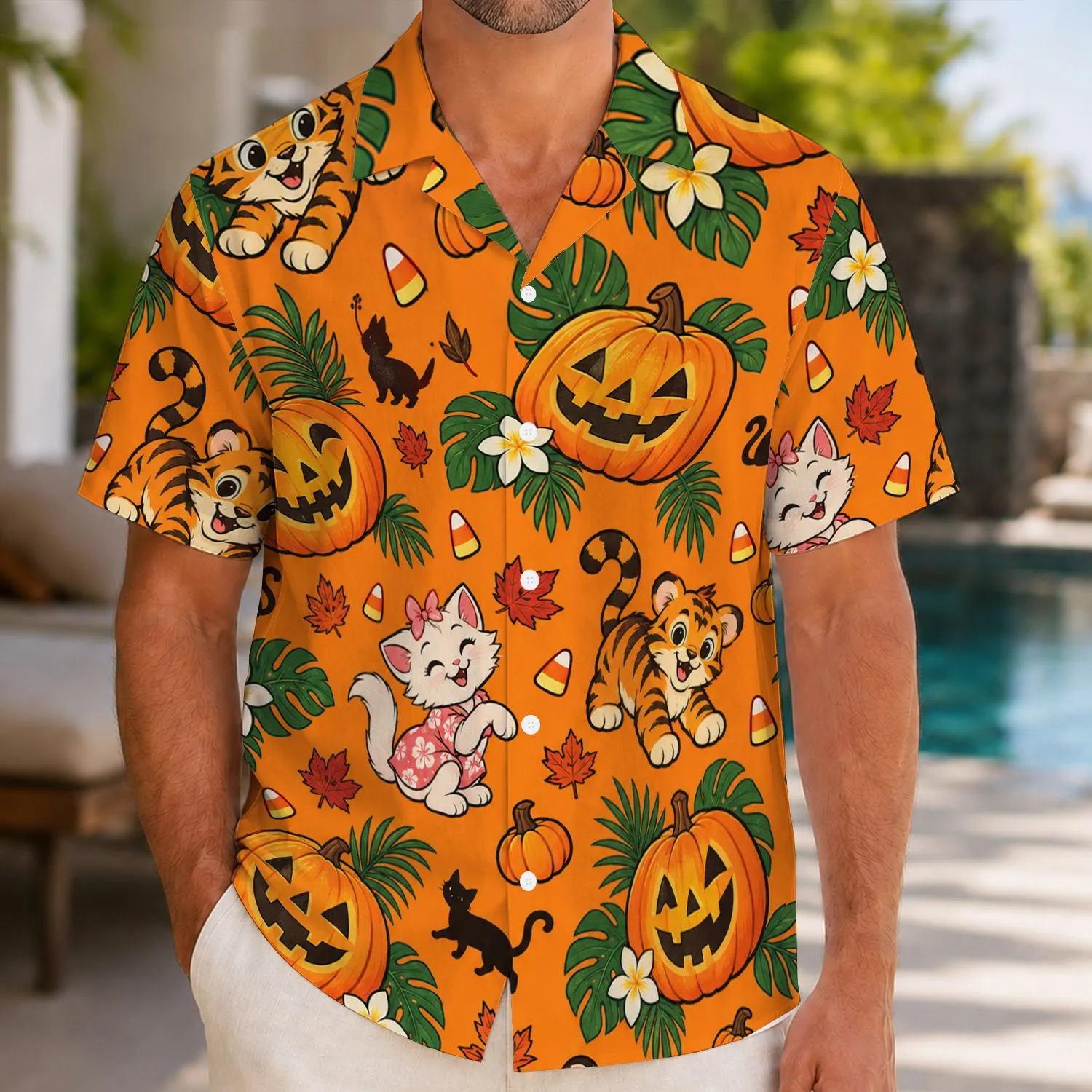 Pumpkin, Tiger Cub and White Kitten Halloween Aloha for Spooky Autumn Celebrations Hawaiian Shirt - 1
