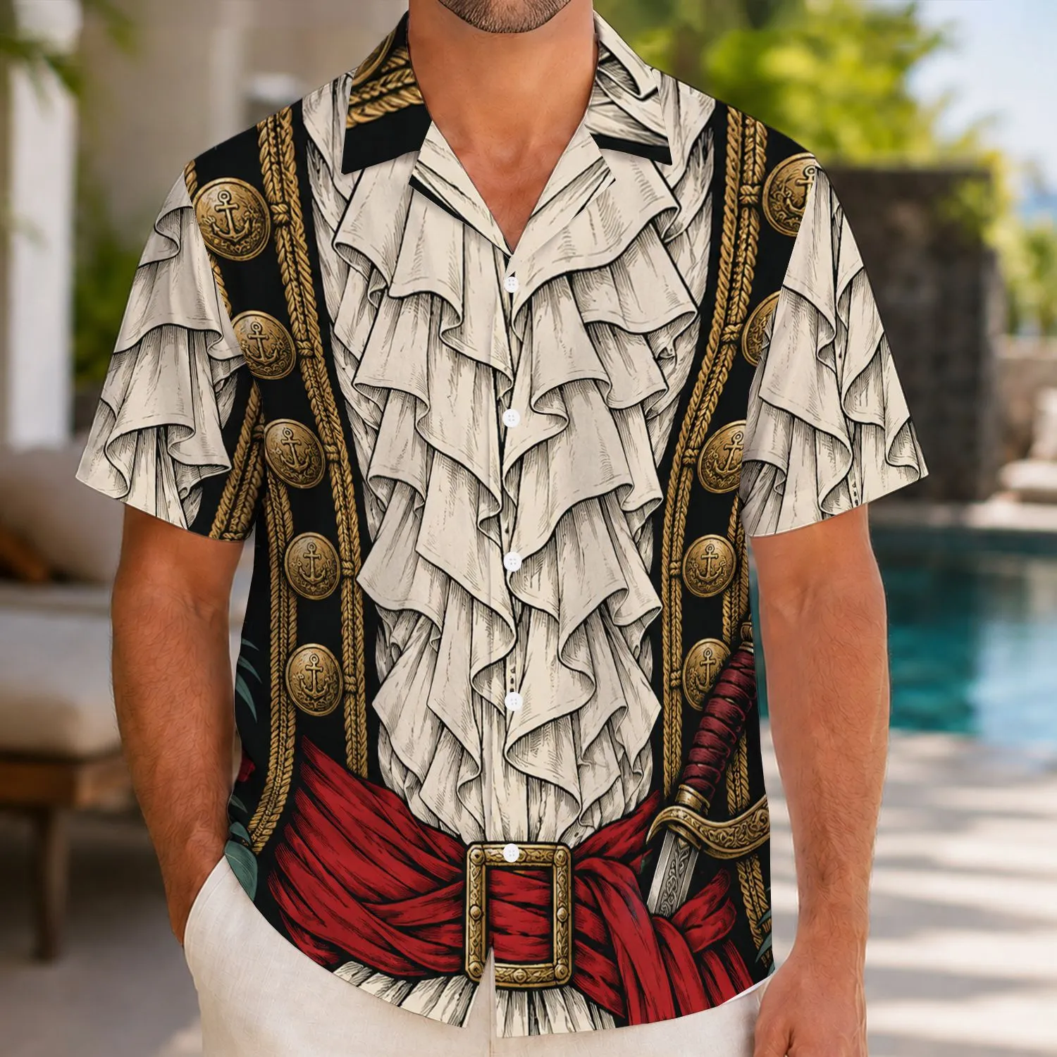 Pirate Captain Ruffles and Gold Buttons for Halloween Parties and Beach Getaways Hawaiian Shirt - 1