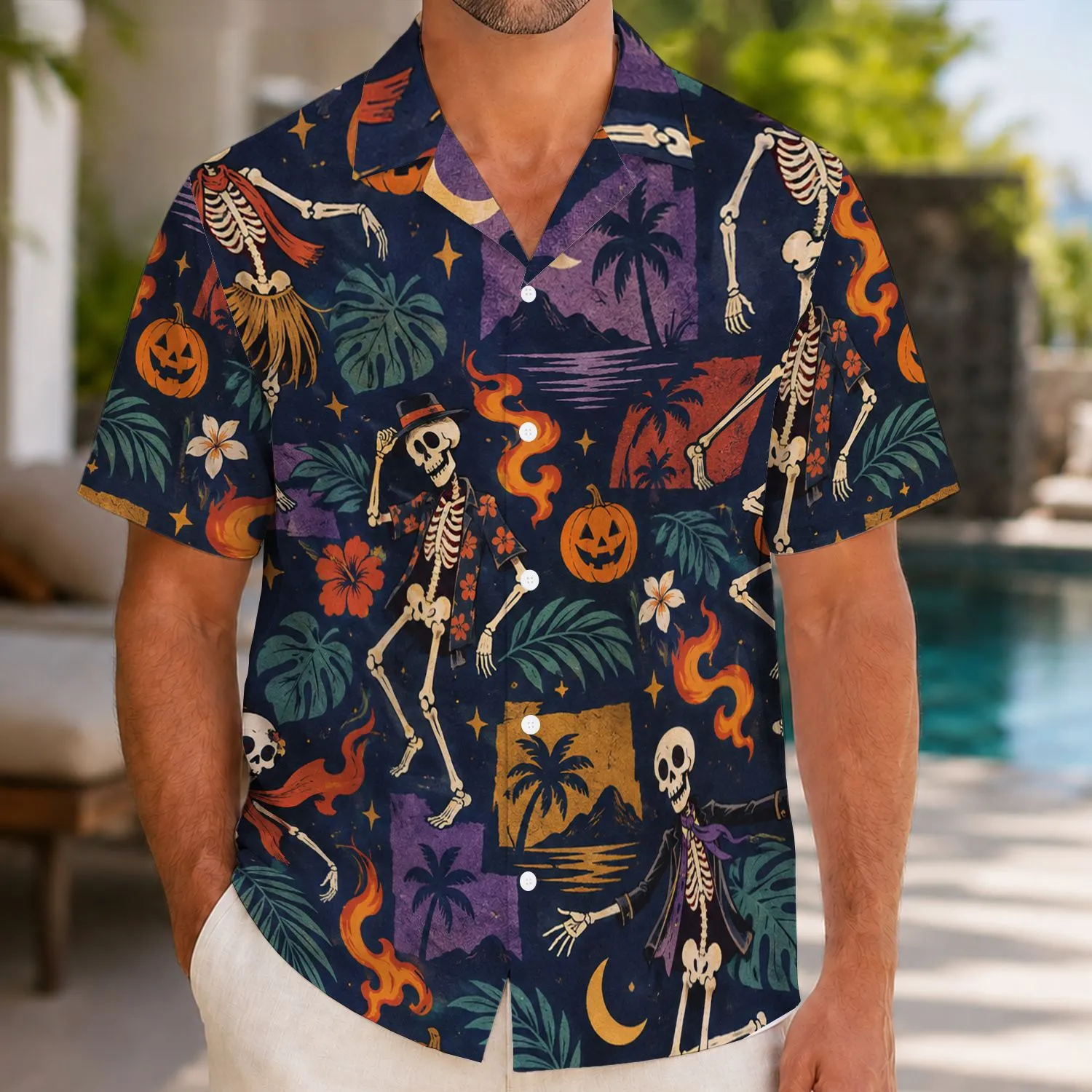 Spooky Skeletons and Moonlit Pumpkins for Halloween Parties and Island Getaways Hawaiian Shirt - 1