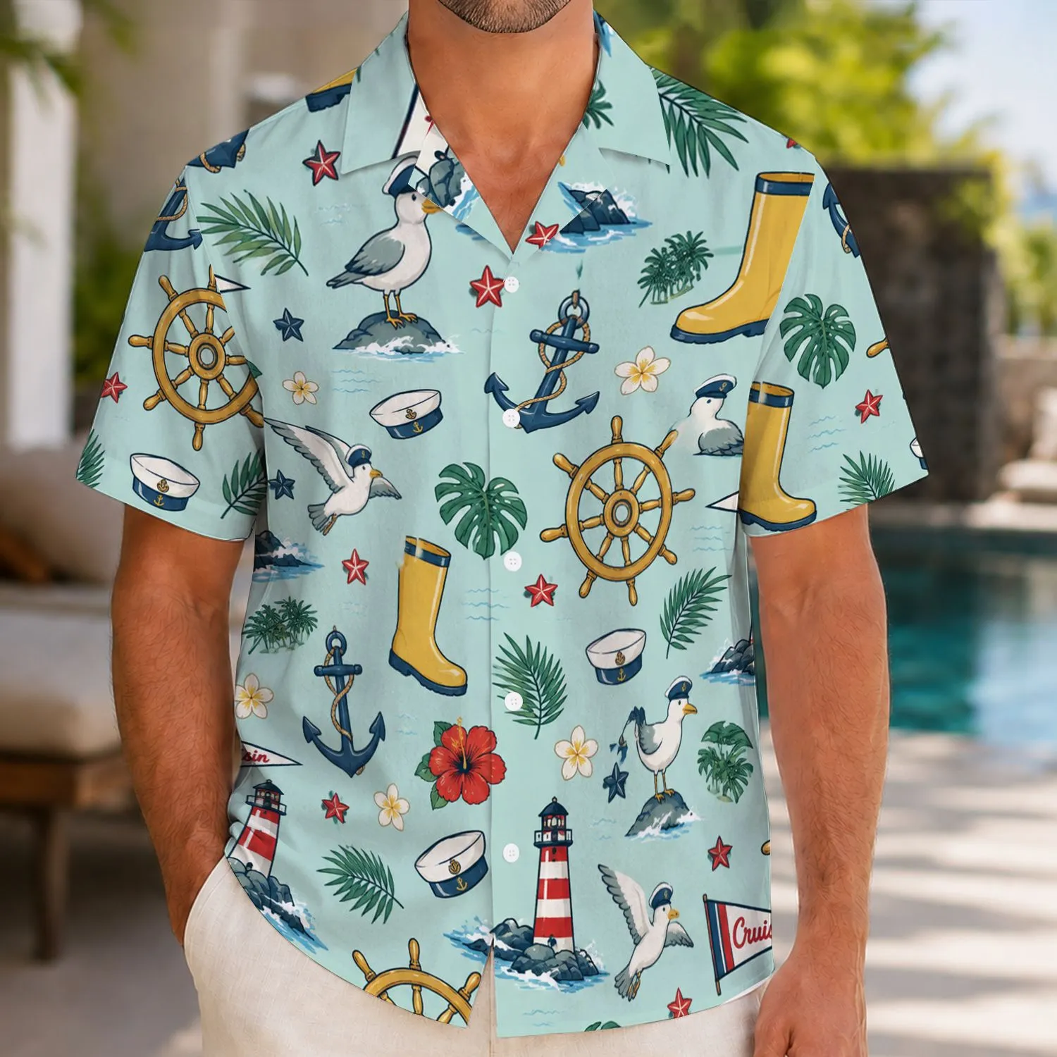 Nautical Anchors And Ship Wheels For Sunny Family Cruise Getaways By The Sea Hawaiian Shirt - 1