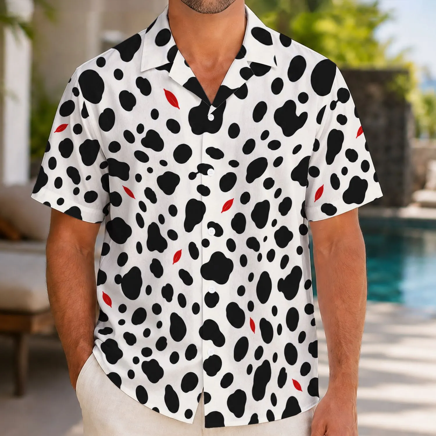 Black And White Dalmatian Spots With Scarlet Accents For Halloween Costume Parties Hawaiian Shirt - 1