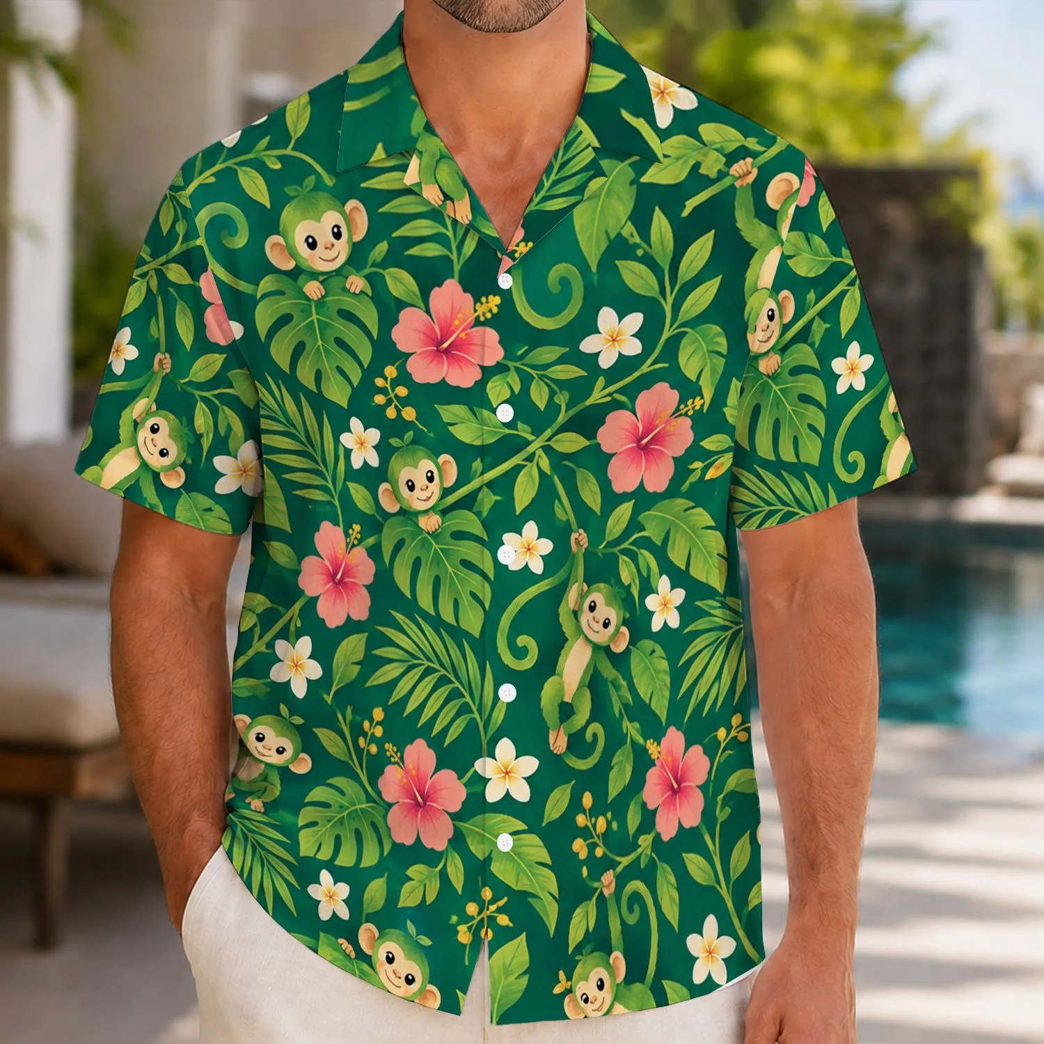 Cheerful Green Jungle Monkeys For Sunny Island Getaways And Relaxed Summer Days Together Hawaiian Shirt - 1