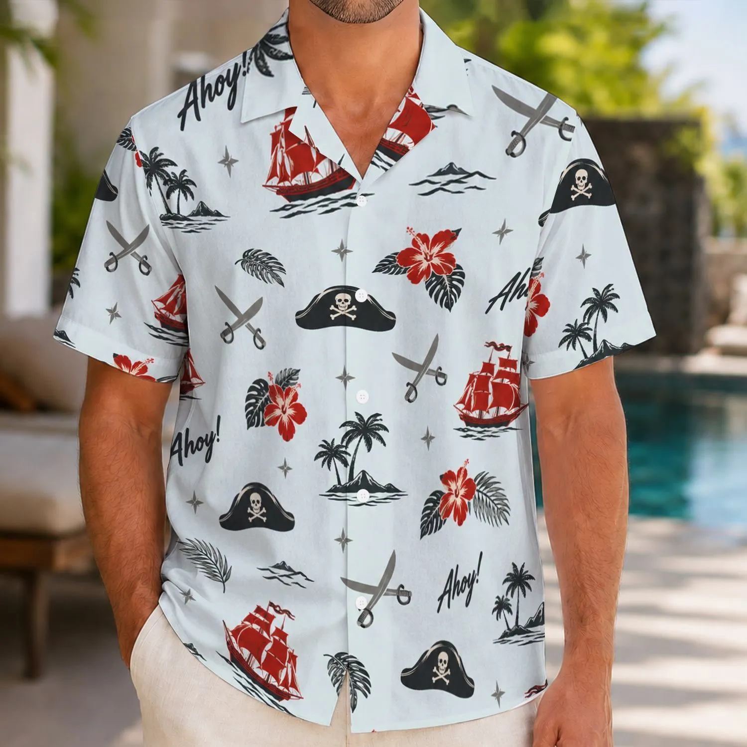 Scarlet Pirate Ships and Cutlasses for Sunny Caribbean Island Getaway Adventures Hawaiian Shirt - 1