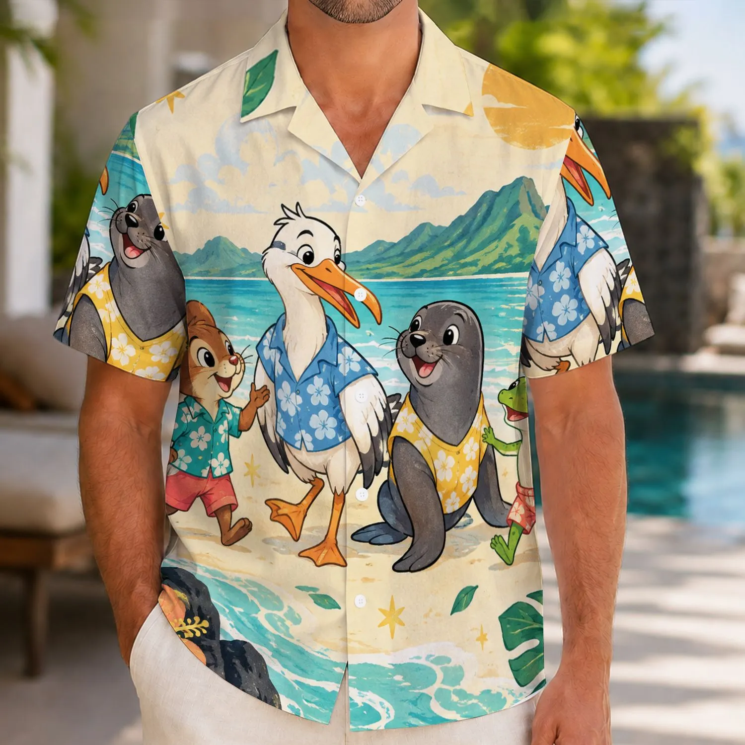 Cheerful Island Animal Friends for Beach Vacations and Family Summer Getaways with Dad Hawaiian Shirt - 1