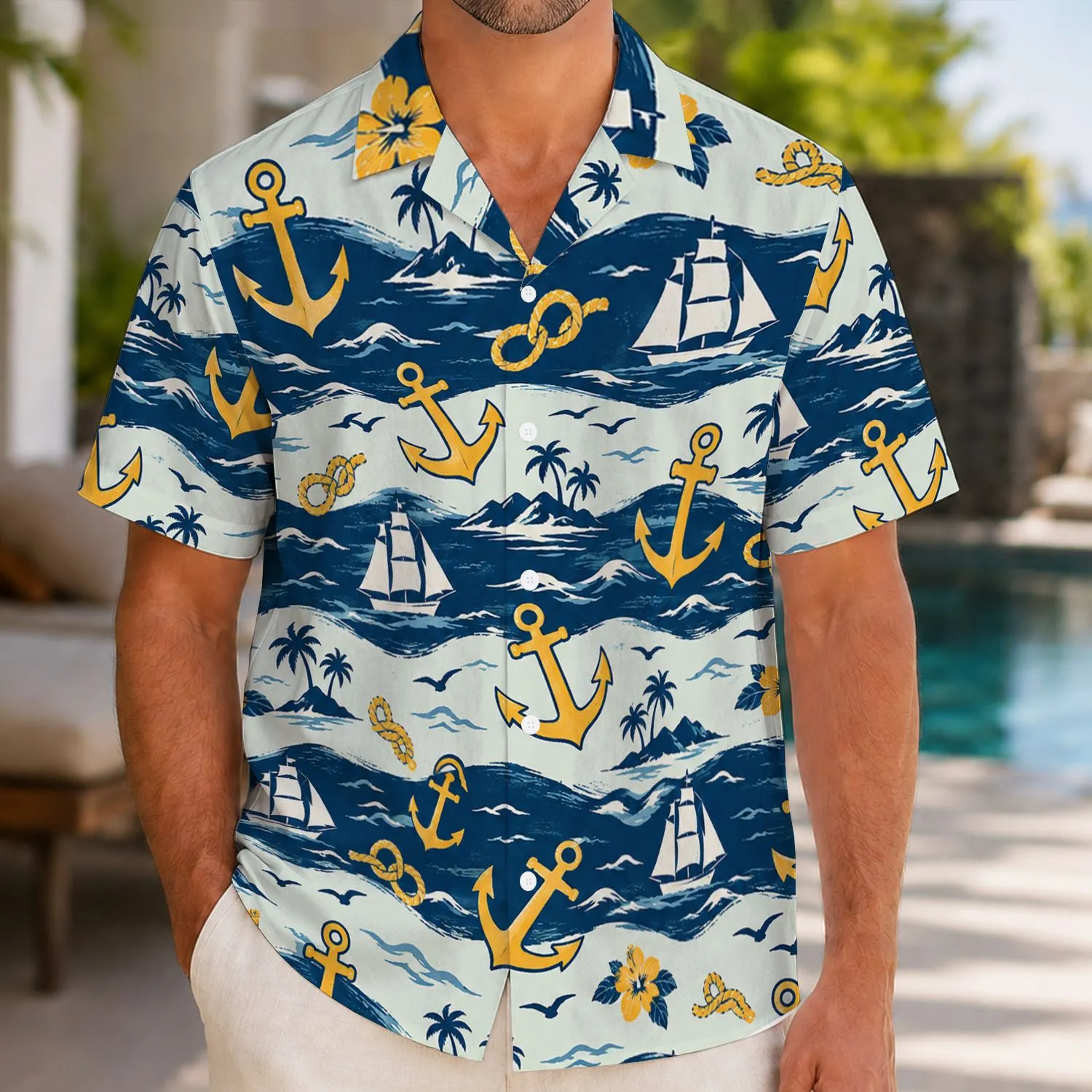 Navy Anchor Nautical Stripes for Summer Cruises, Beach Holidays and Coastal Getaways Hawaiian Shirt - 1