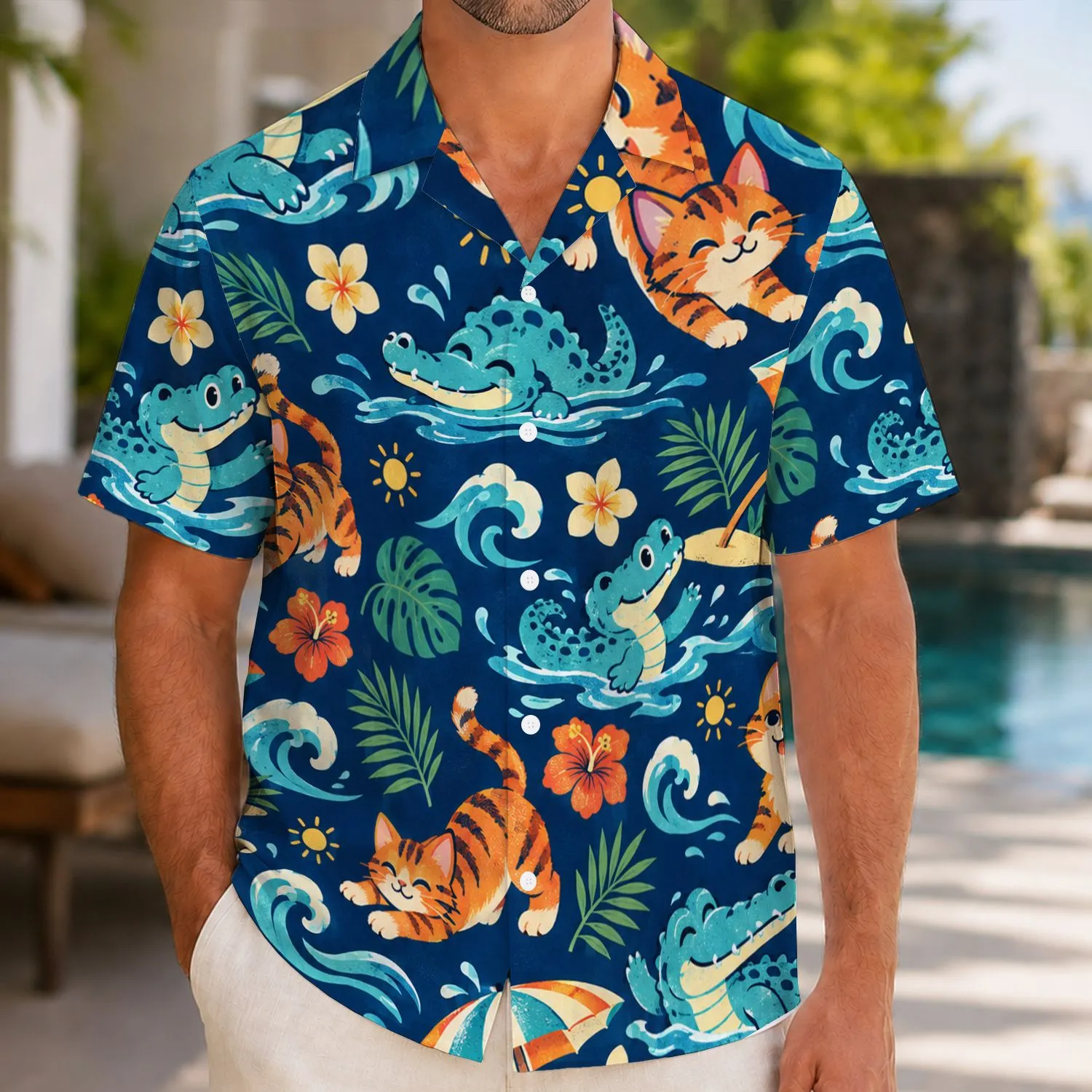 Orange Kittens And Blue Crocodiles For Playful Island Getaways And Summer Beach Days Hawaiian Shirt - 1
